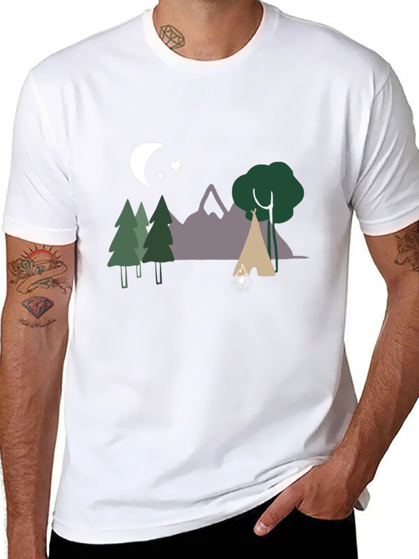 Camping Scene Graphic Tee - Black Cotton Blend