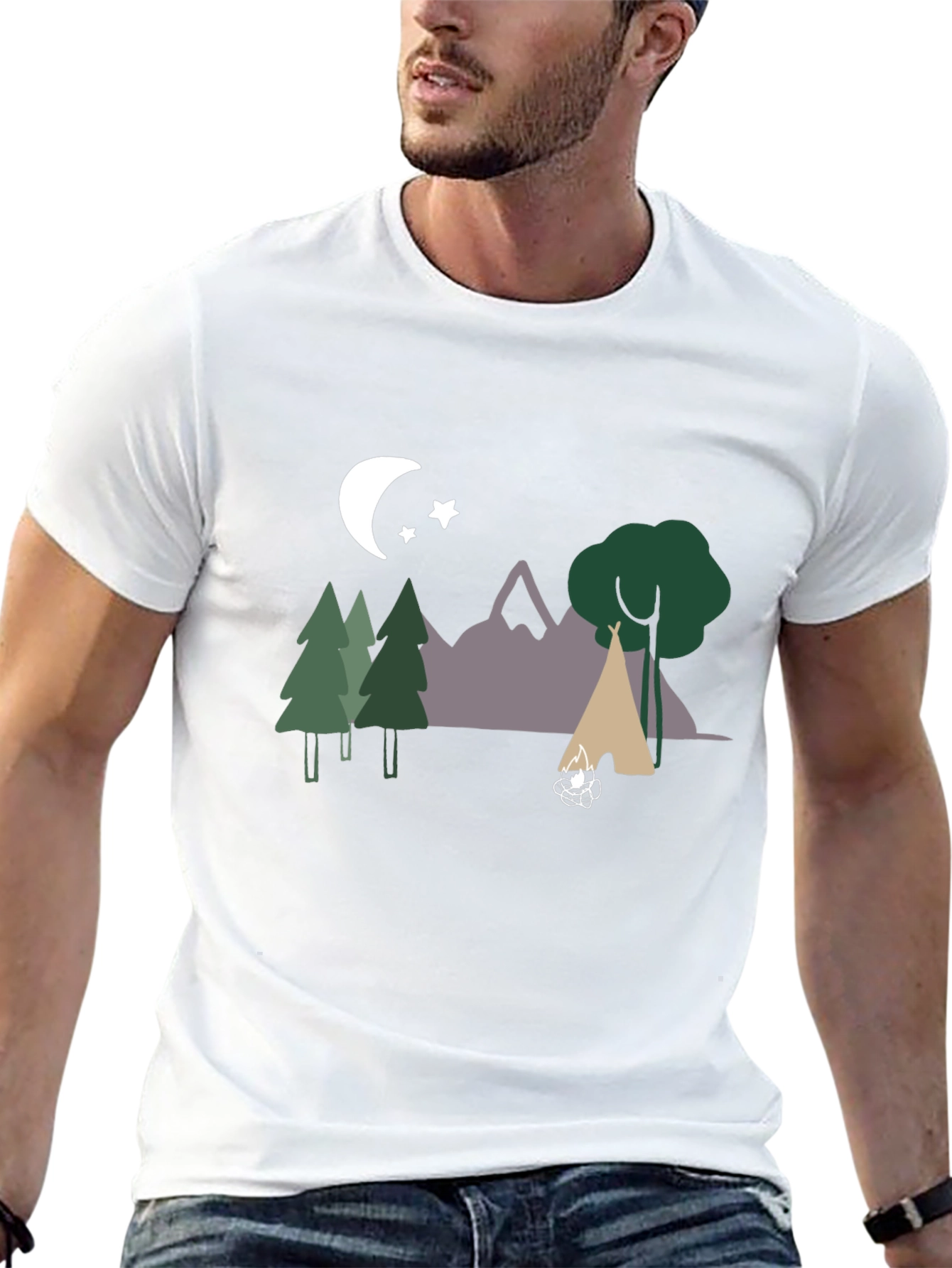 Camping Scene Graphic Tee - Black Cotton Blend