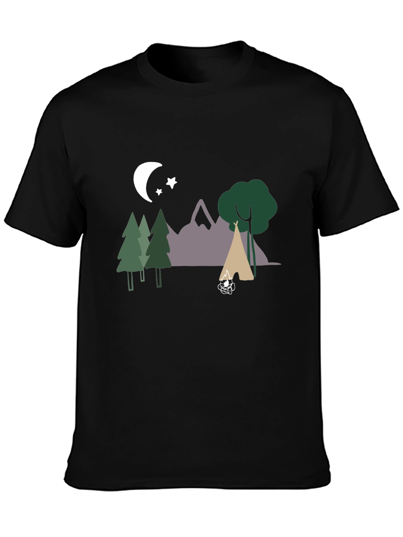 Camping Scene Graphic Tee - Black Cotton Blend