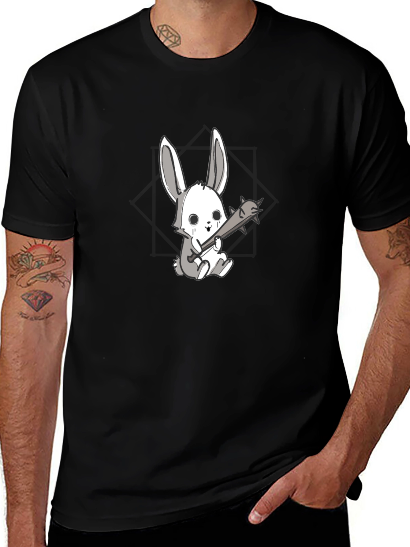 Mens Black T-Shirt with Bunny Design