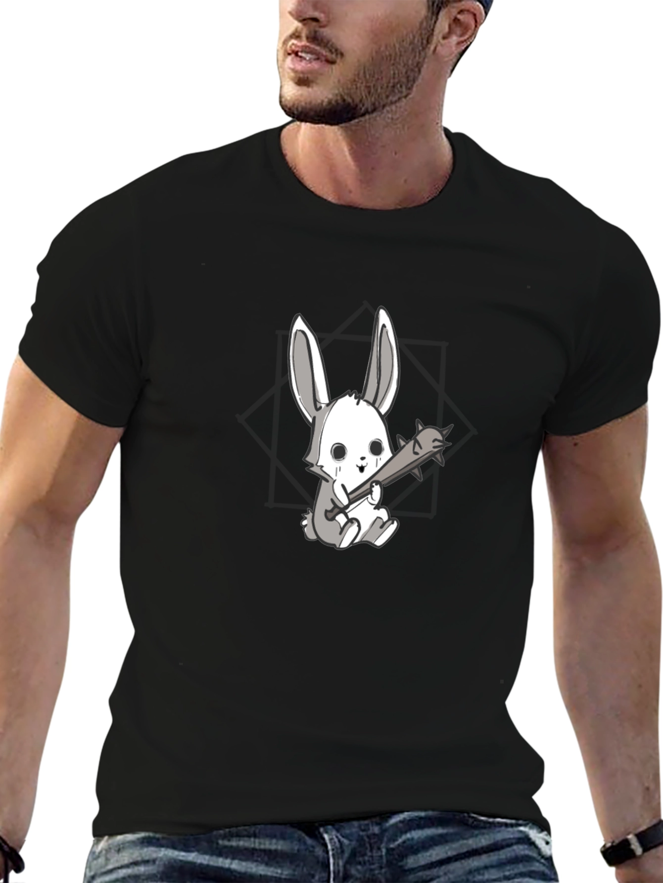 Mens Black T-Shirt with Bunny Design