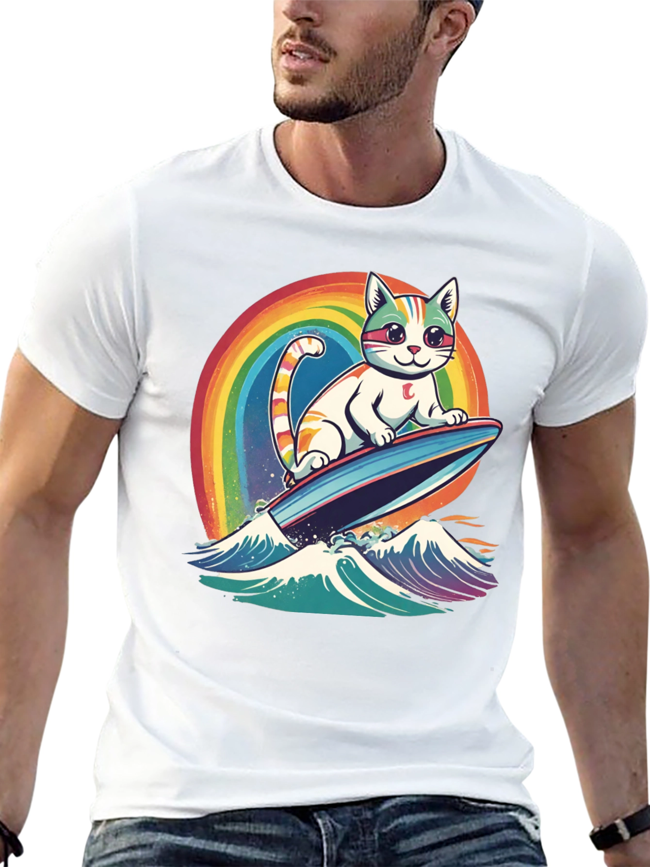 Surfing Cat Rainbow T-Shirt