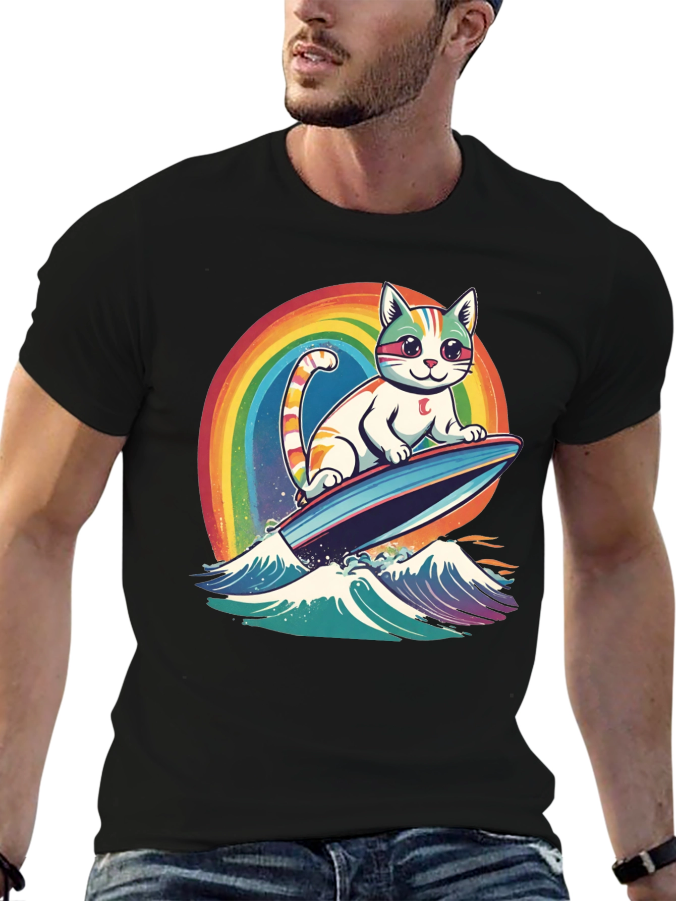 Surfing Cat Rainbow T-Shirt