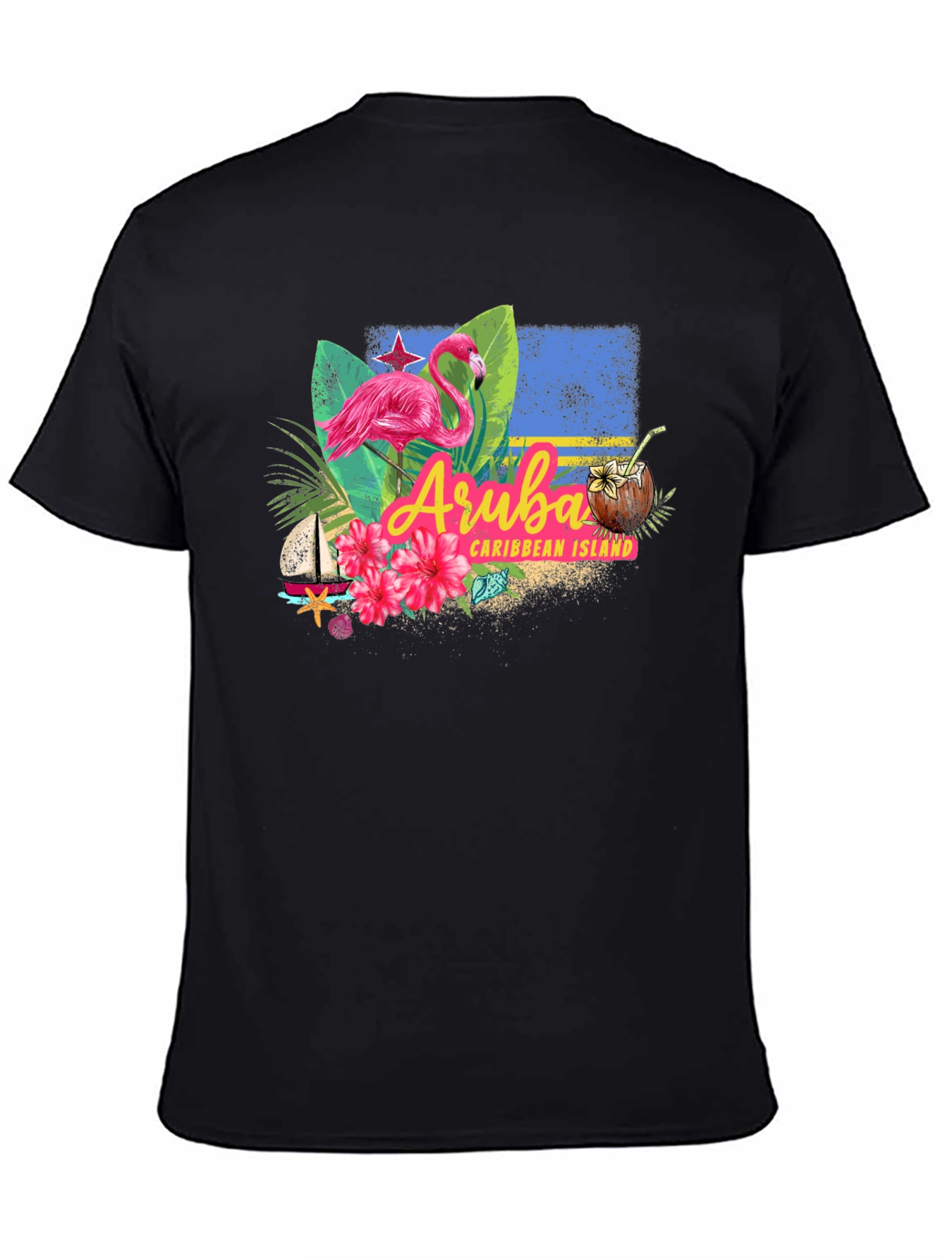 Aruba Caribbean Island Flamingo Black T-Shirt