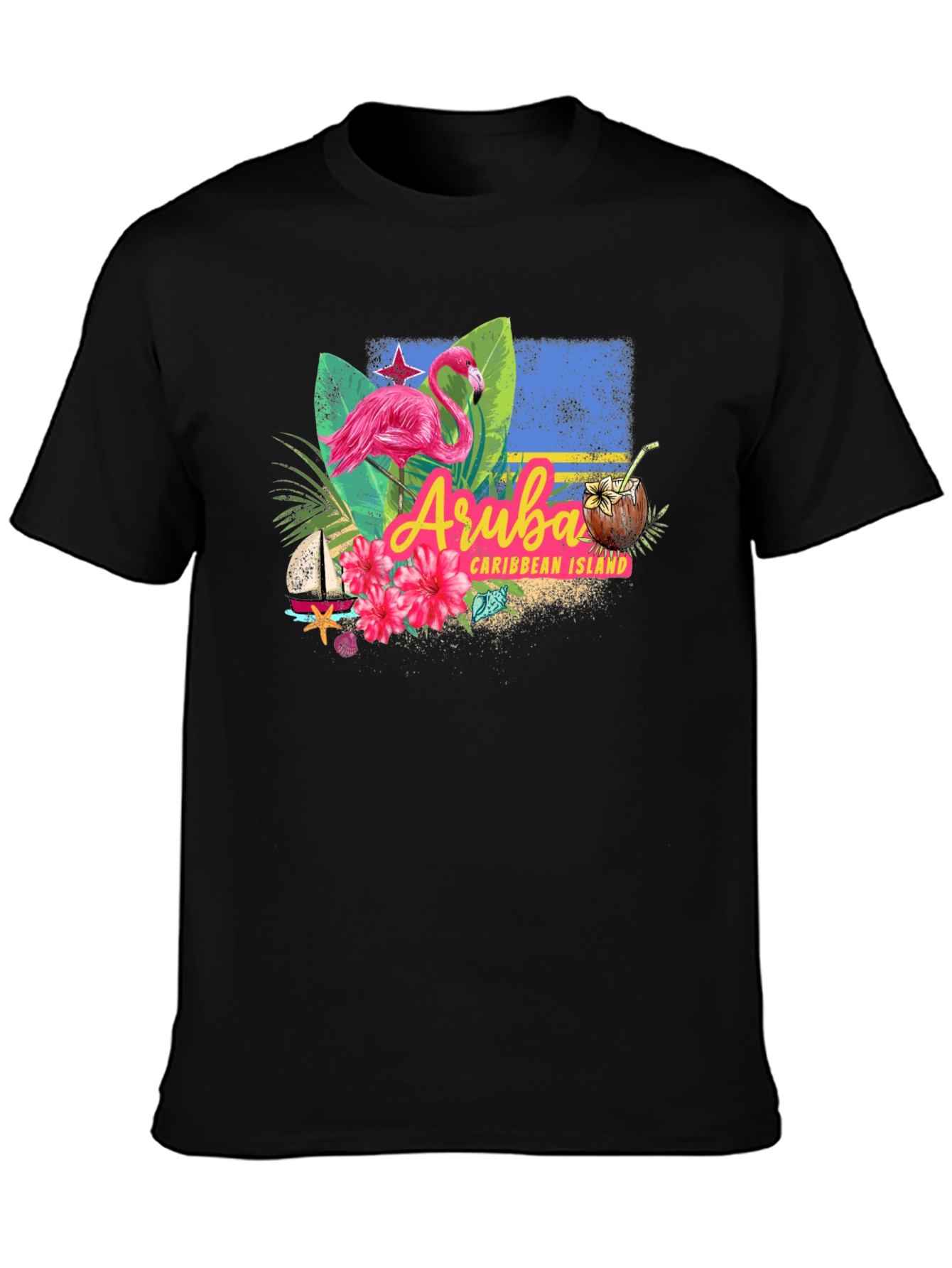 Aruba Caribbean Island Flamingo Black T-Shirt