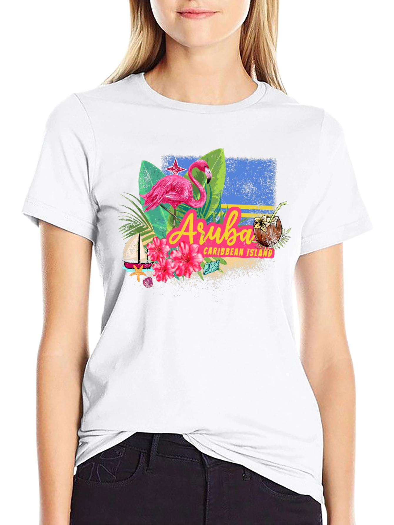 Aruba Caribbean Island Flamingo Black T-Shirt