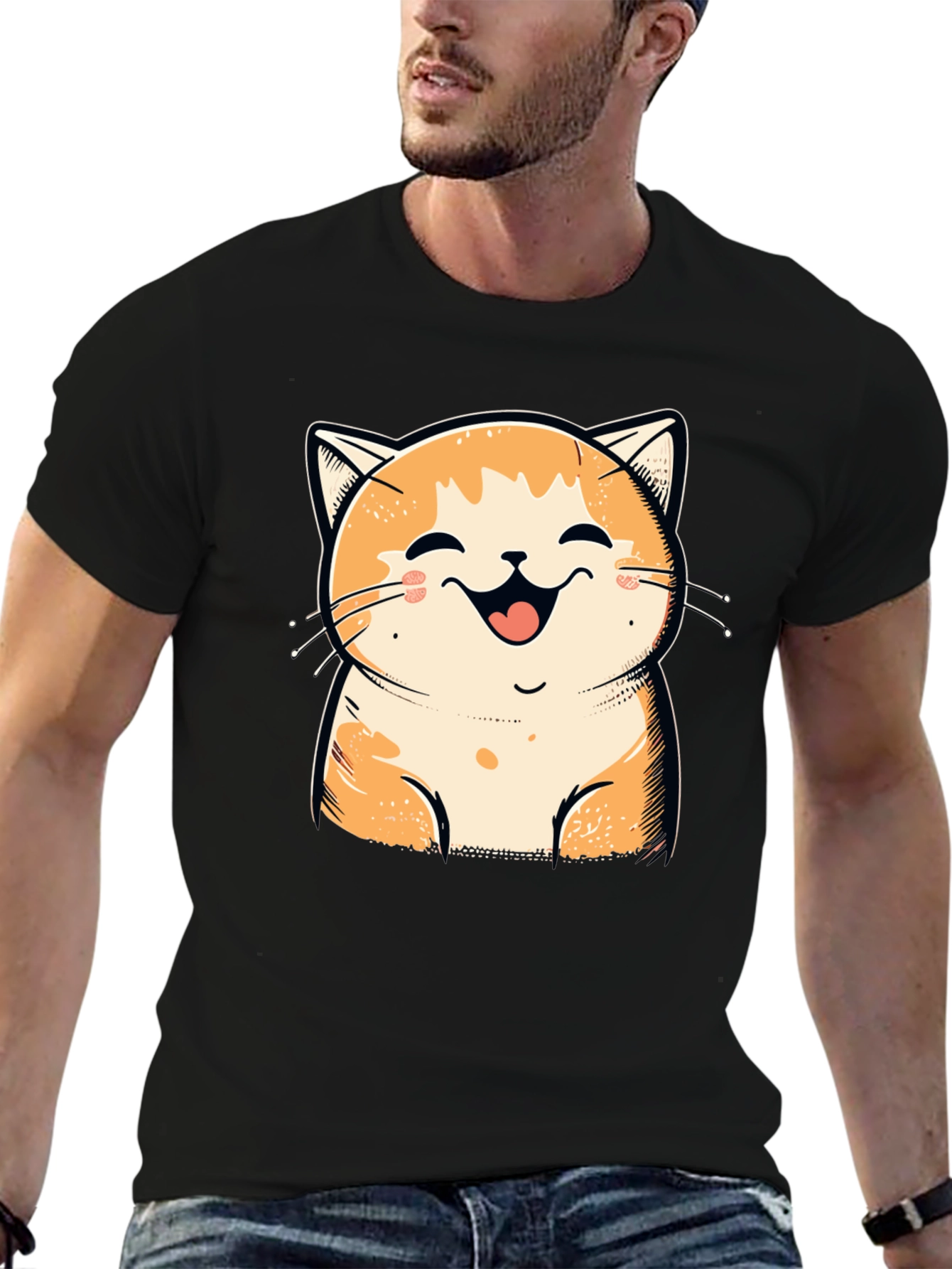 Smiling Cat Graphic Tee - Black Cotton T-Shirt