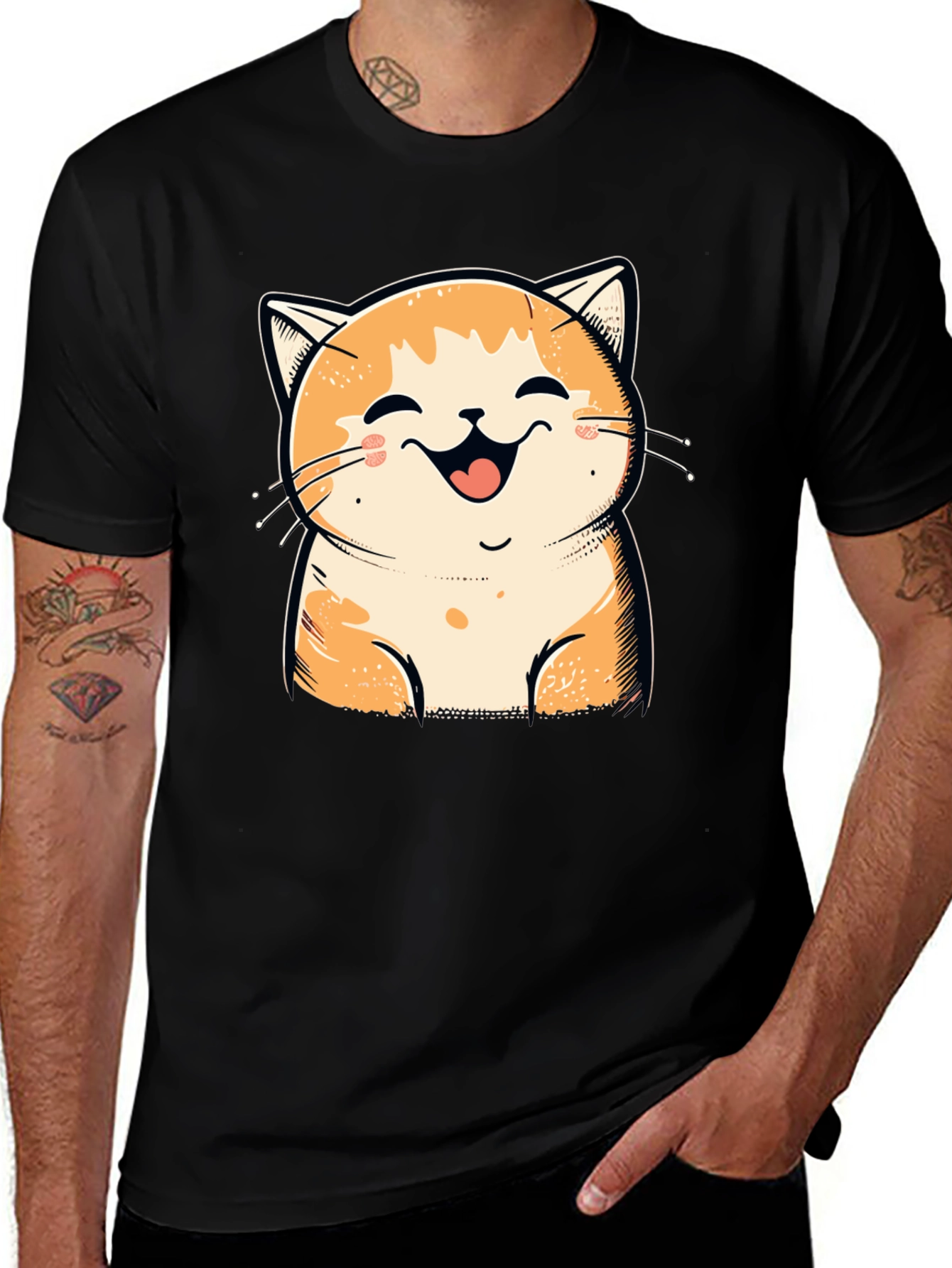 Smiling Cat Graphic Tee - Black Cotton T-Shirt