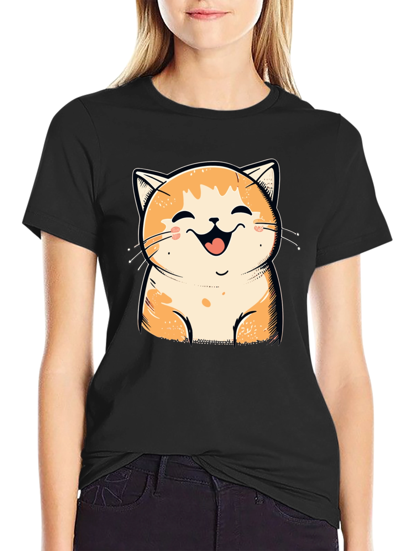 Smiling Cat Graphic Tee - Black Cotton T-Shirt