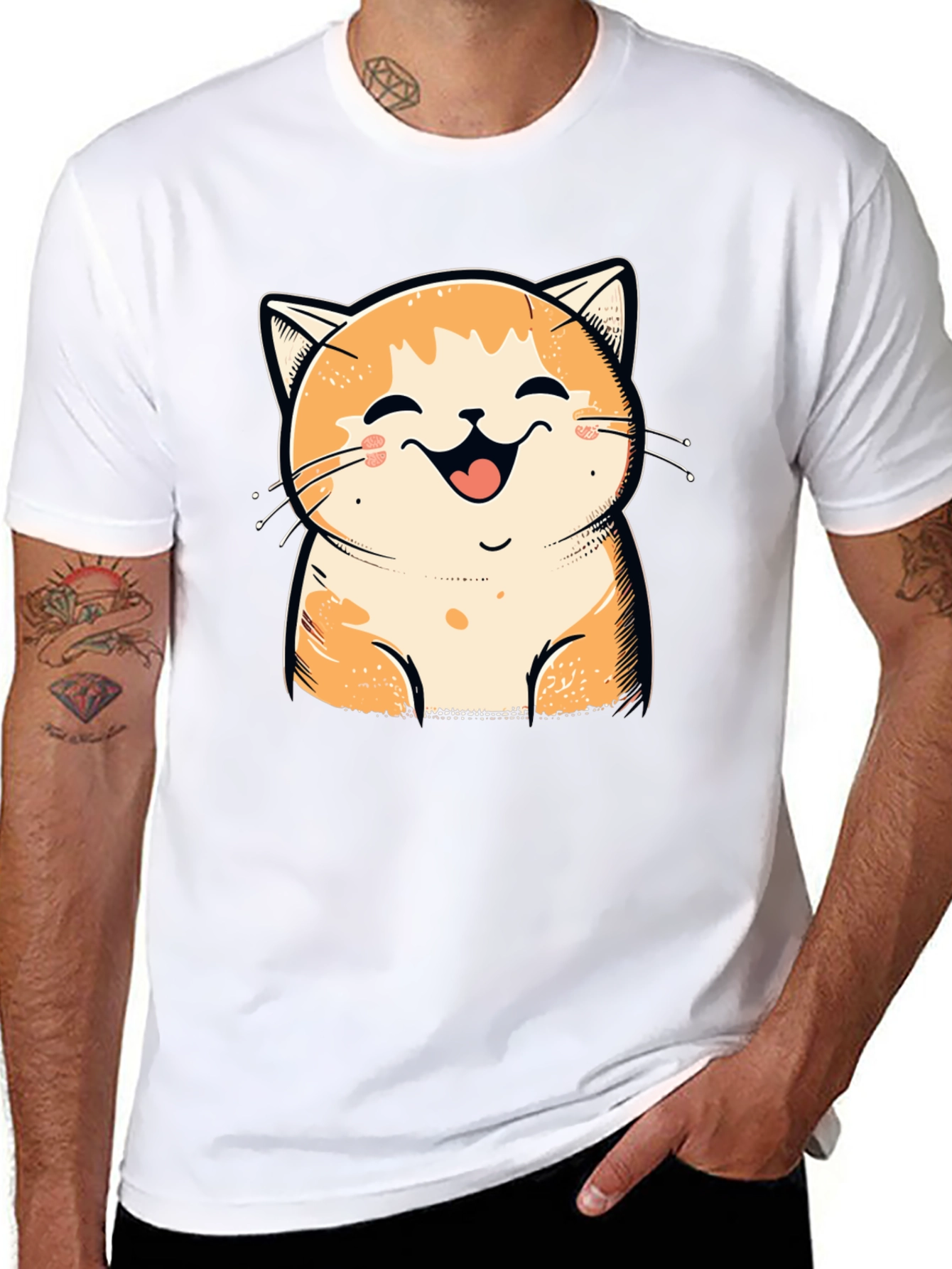 Smiling Cat Graphic Tee - Black Cotton T-Shirt