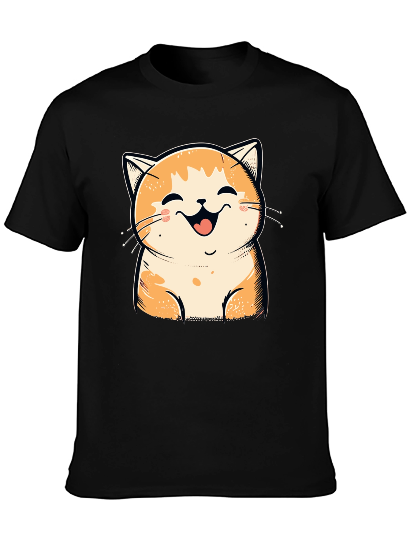 Smiling Cat Graphic Tee - Black Cotton T-Shirt