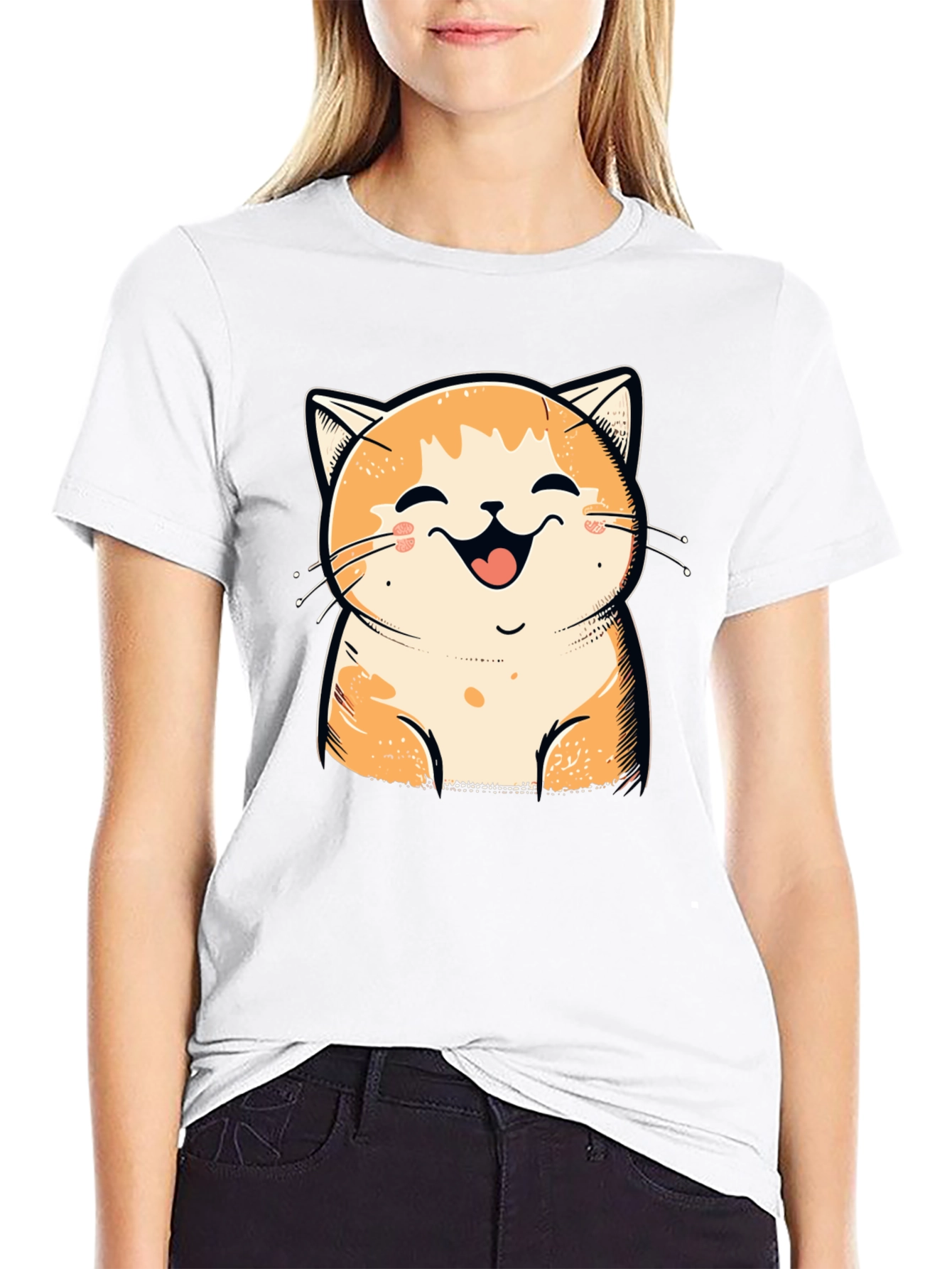 Smiling Cat Graphic Tee - Black Cotton T-Shirt