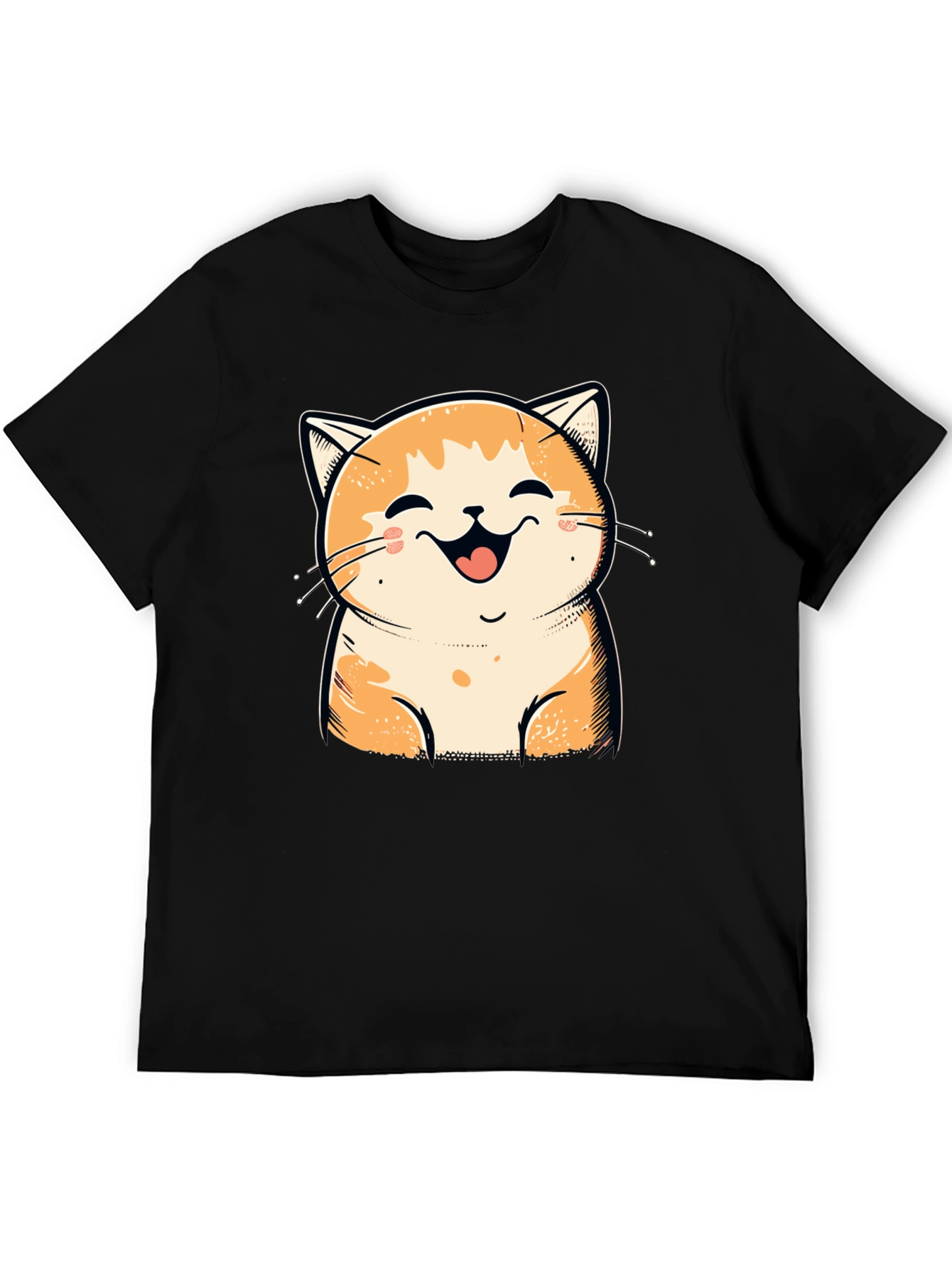 Smiling Cat Graphic Tee - Black Cotton T-Shirt
