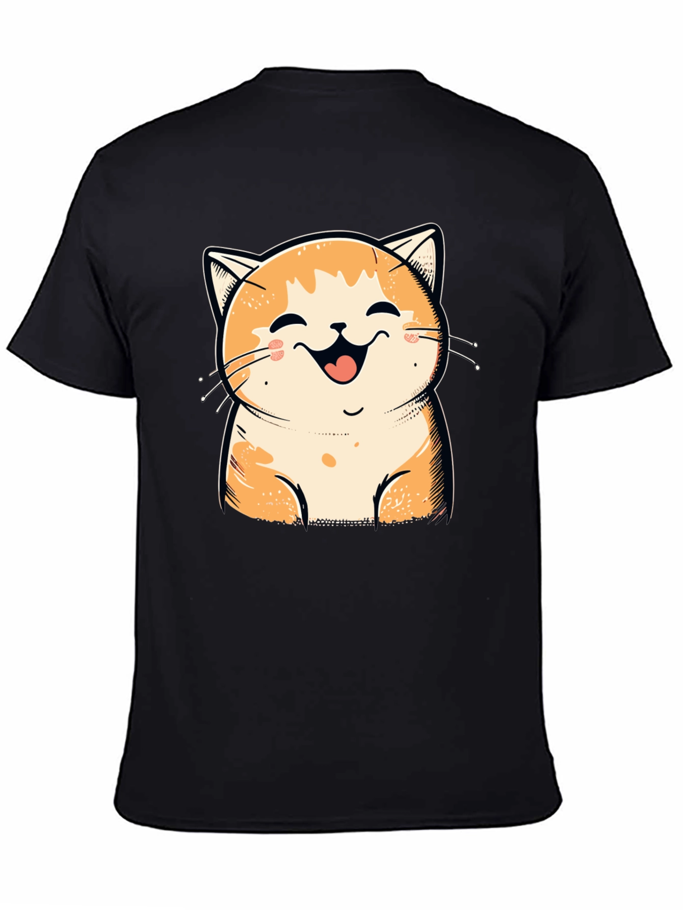 Smiling Cat Graphic Tee - Black Cotton T-Shirt