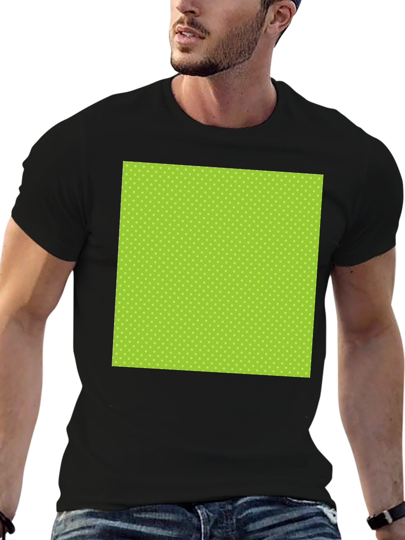 Black Tee with Green Polka Dot Design