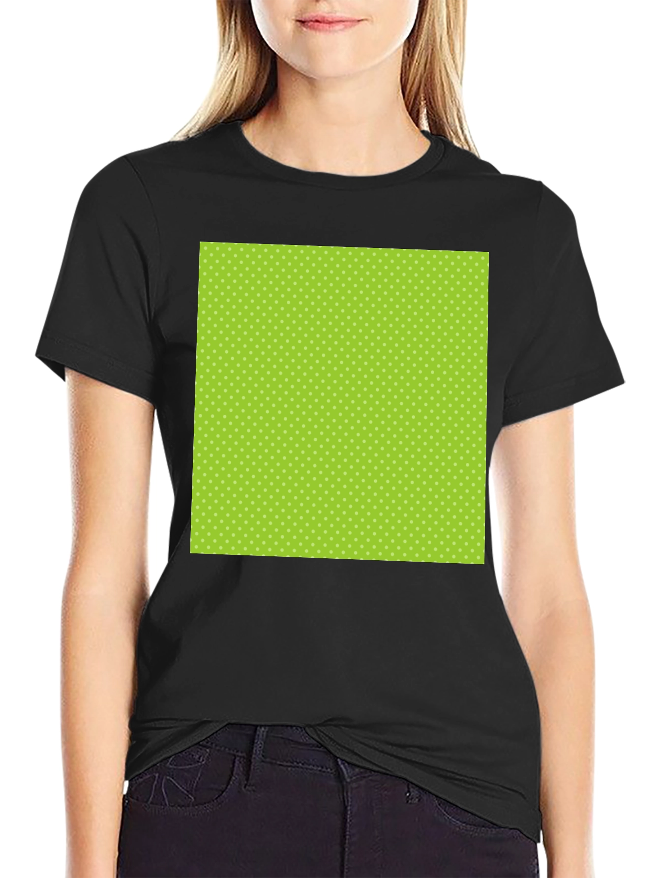 Black Tee with Green Polka Dot Design