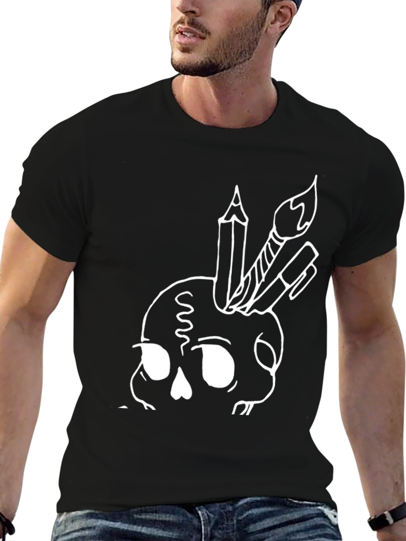 Artistic Skull Graphic Tee - Black Cotton Shirt