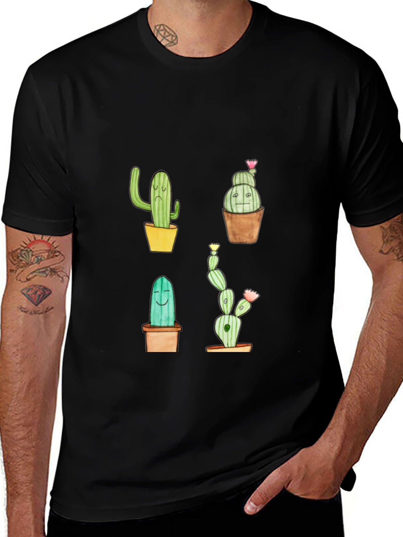 Cactus Print Black Crew Neck T-Shirt