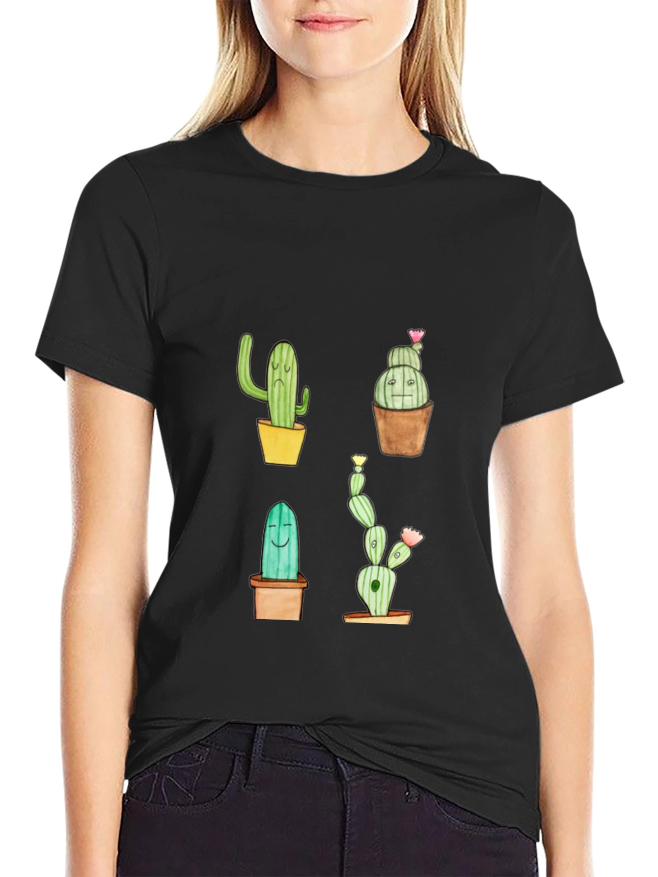 Cactus Print Black Crew Neck T-Shirt