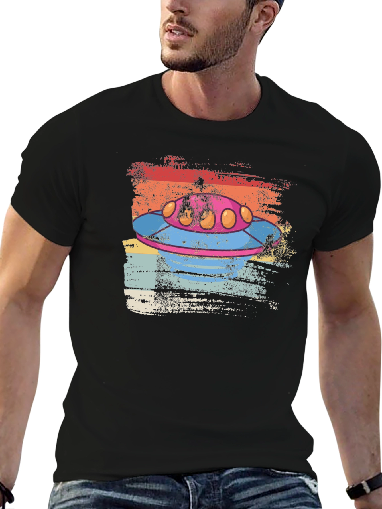 Retro UFO Graphic Tee - Distressed Alien Spaceship T-Shirt