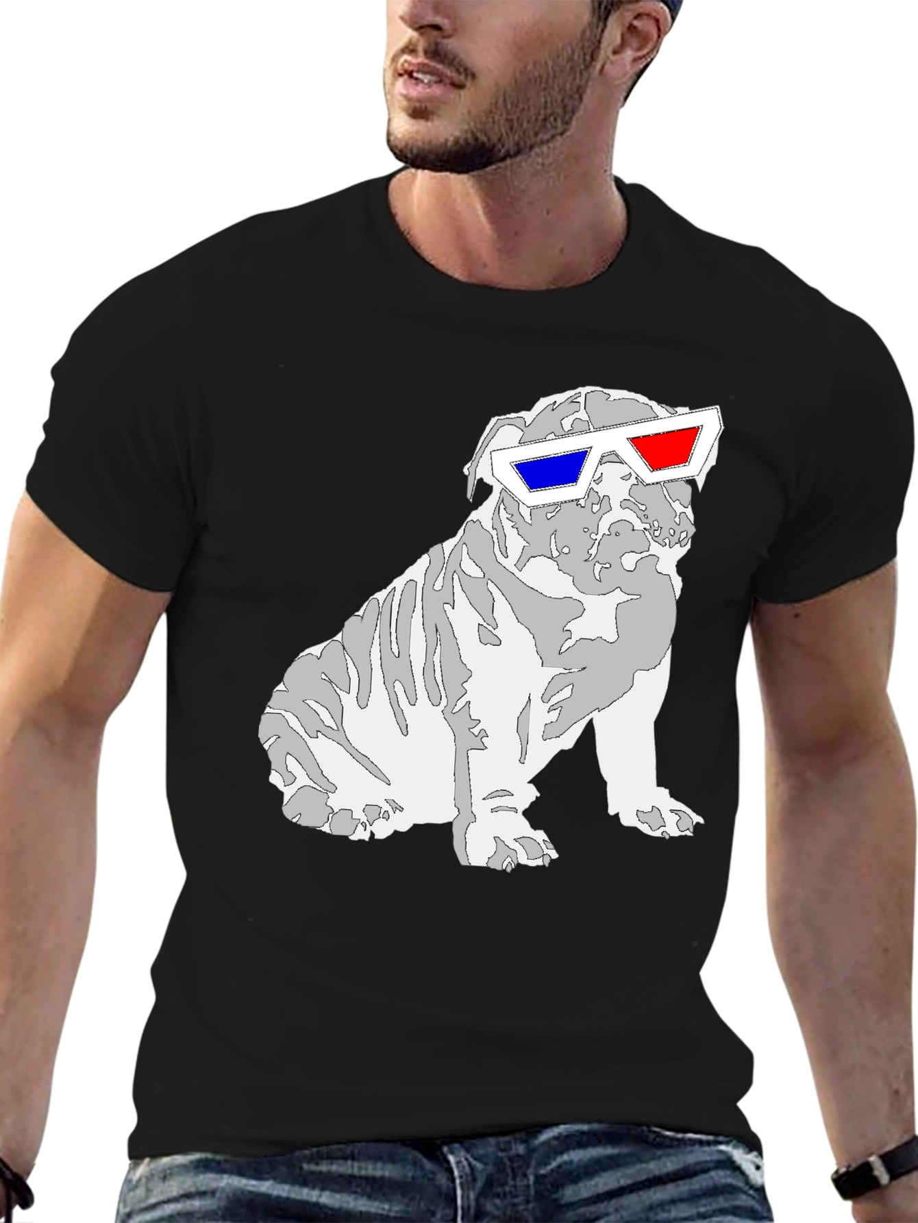 Cool Bulldog 3D Glasses Graphic T-Shirt