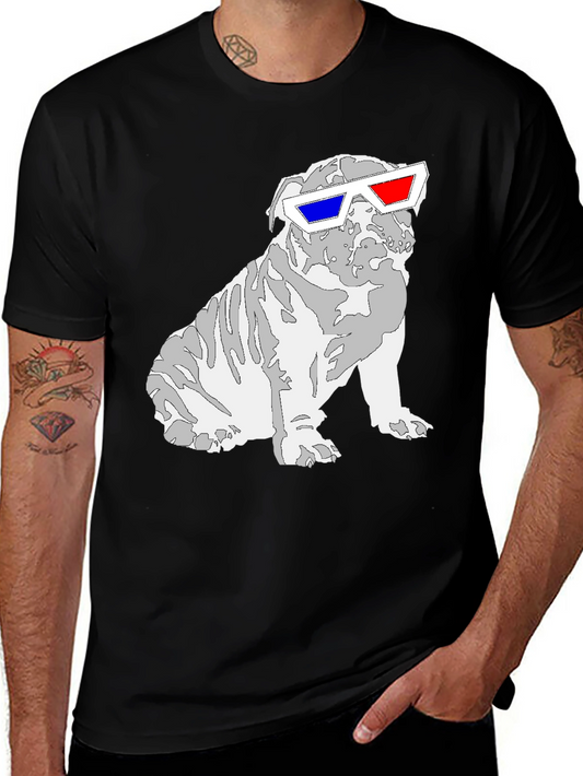 Cool Bulldog 3D Glasses Graphic T-Shirt