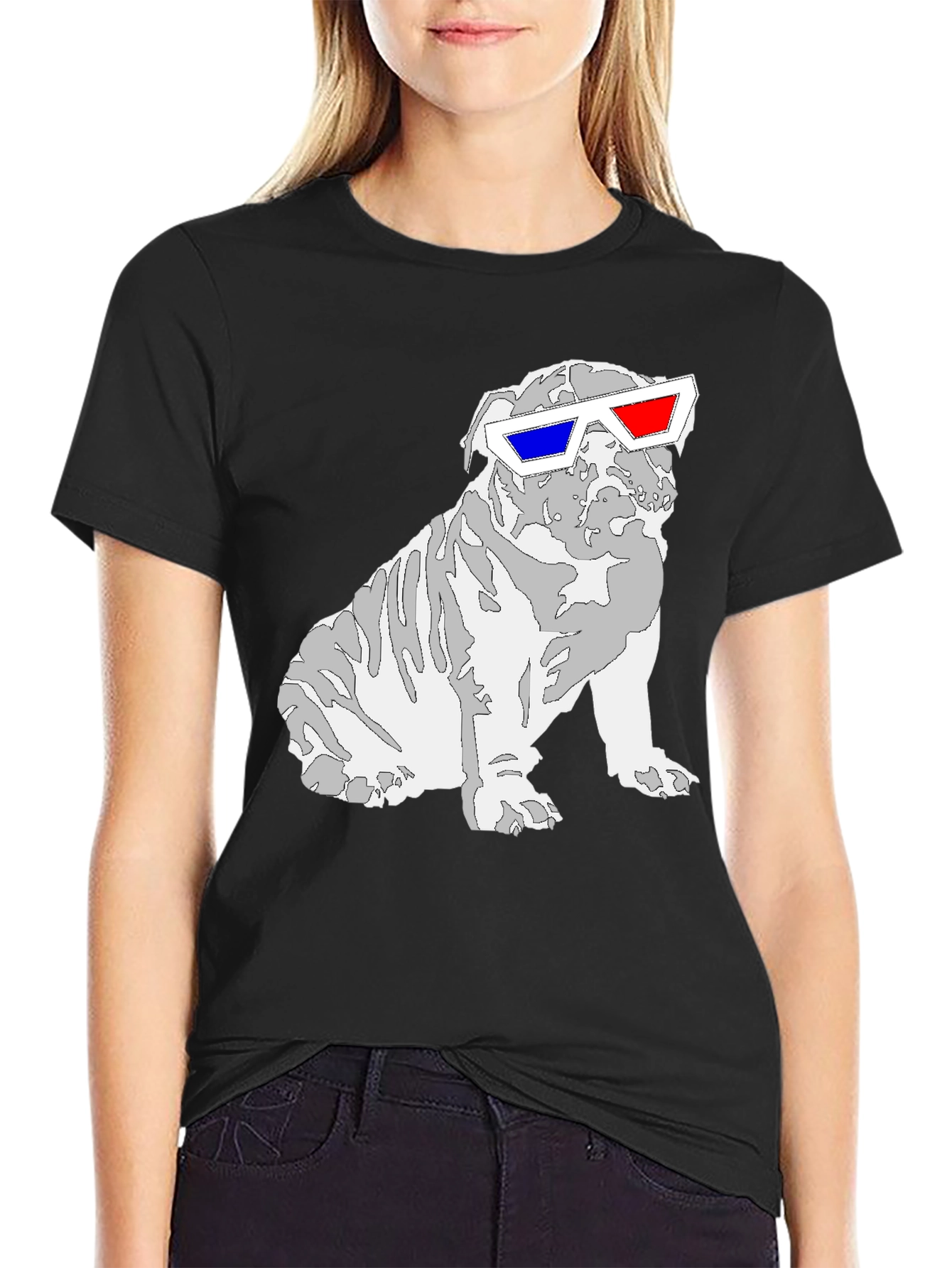 Cool Bulldog 3D Glasses Graphic T-Shirt