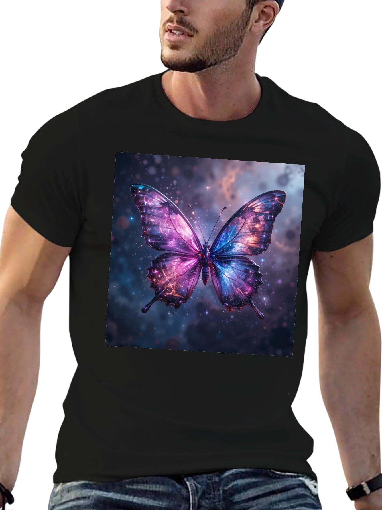 Galaxy Butterfly Graphic Print Black T-Shirt