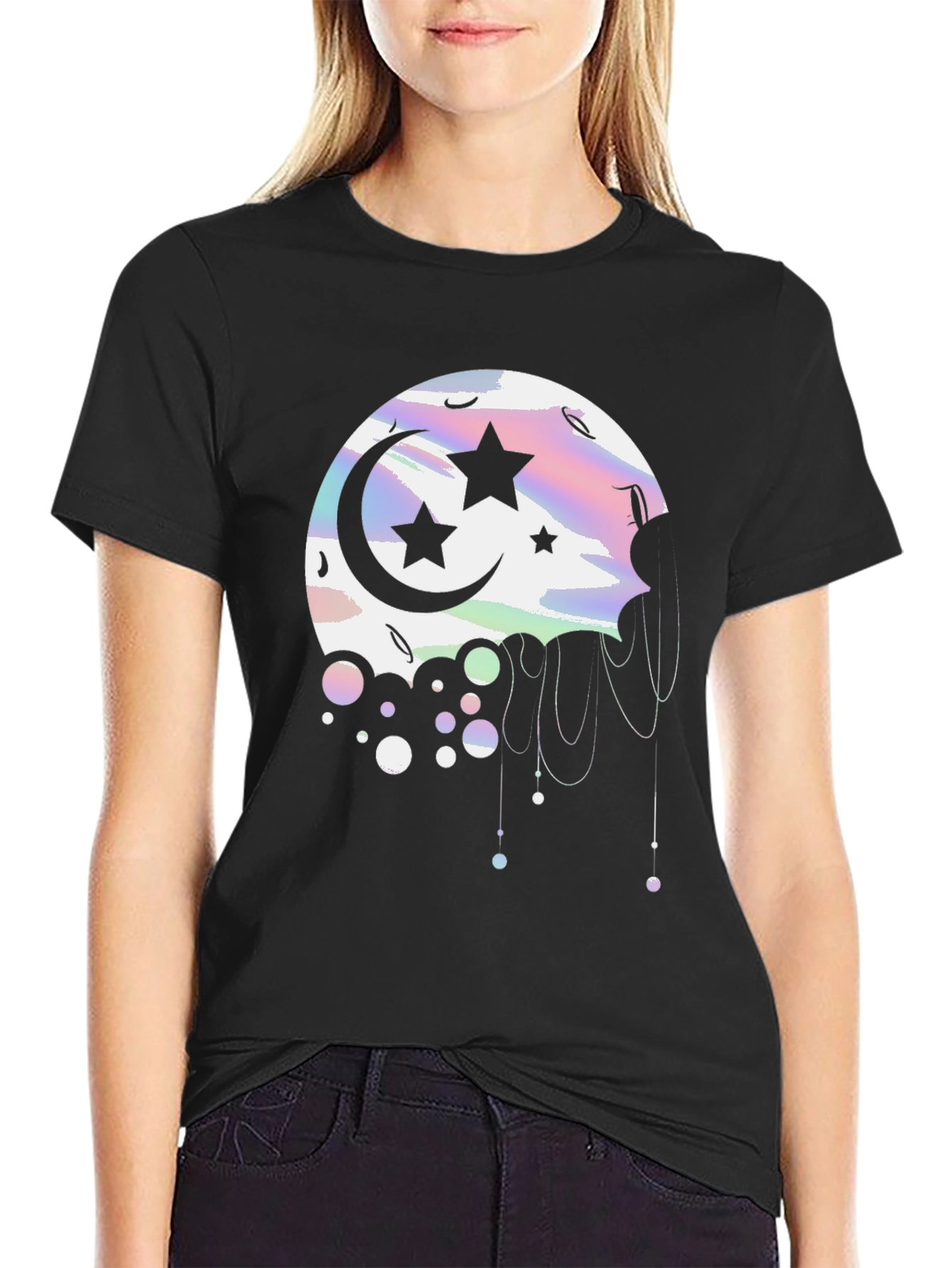 Celestial Moon & Stars Graphic Tee - Black