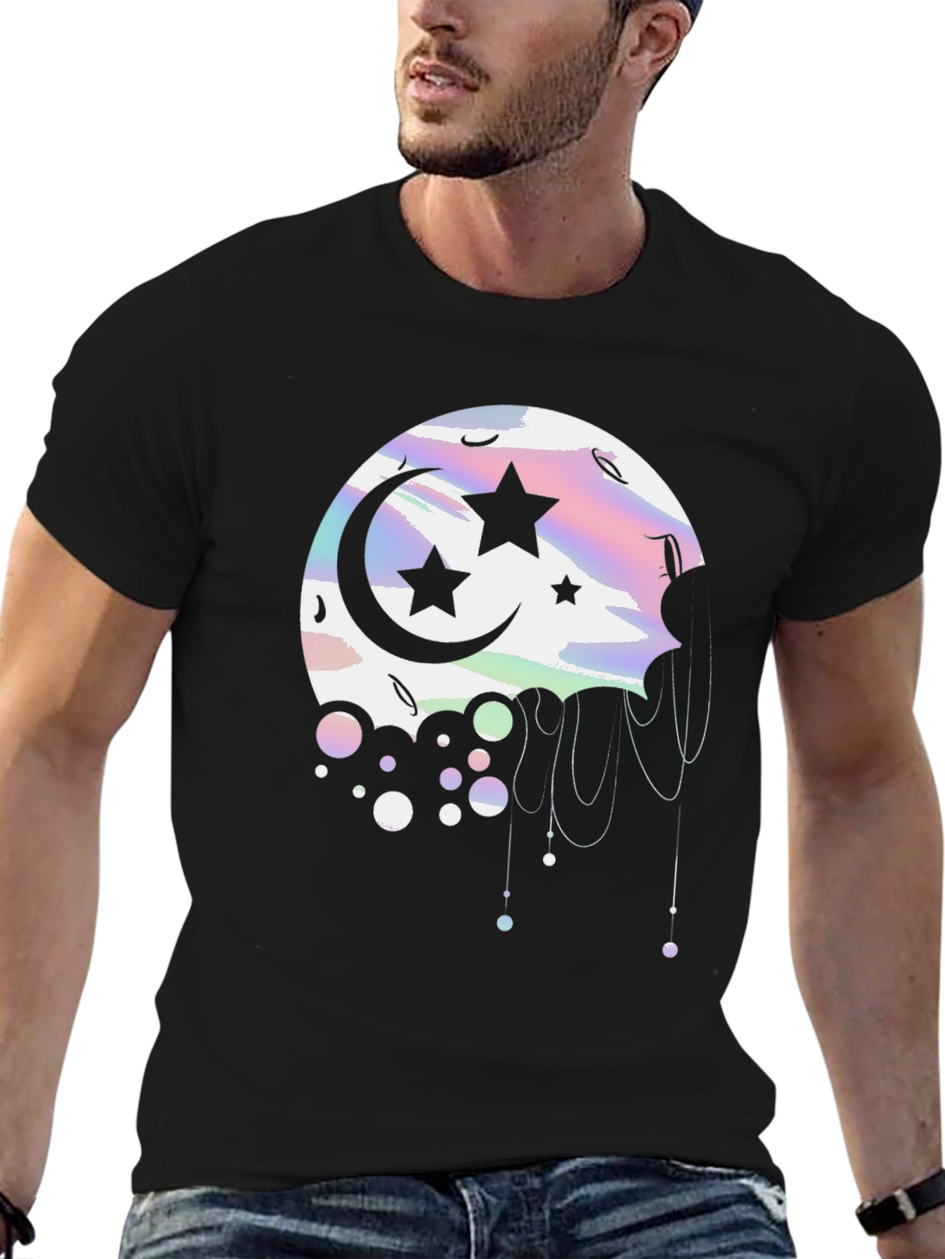 Celestial Moon & Stars Graphic Tee - Black