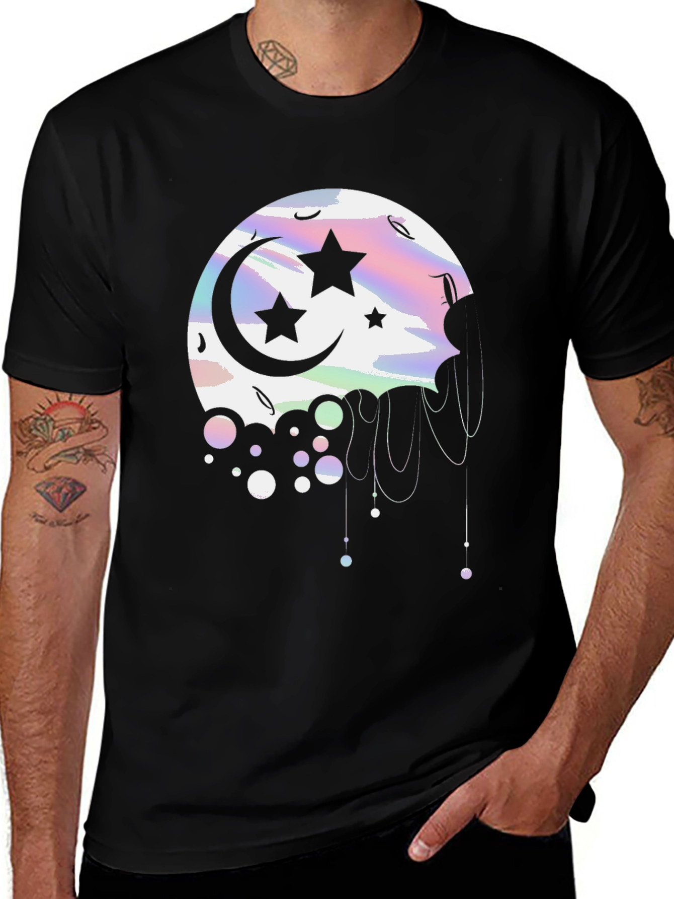 Celestial Moon & Stars Graphic Tee - Black