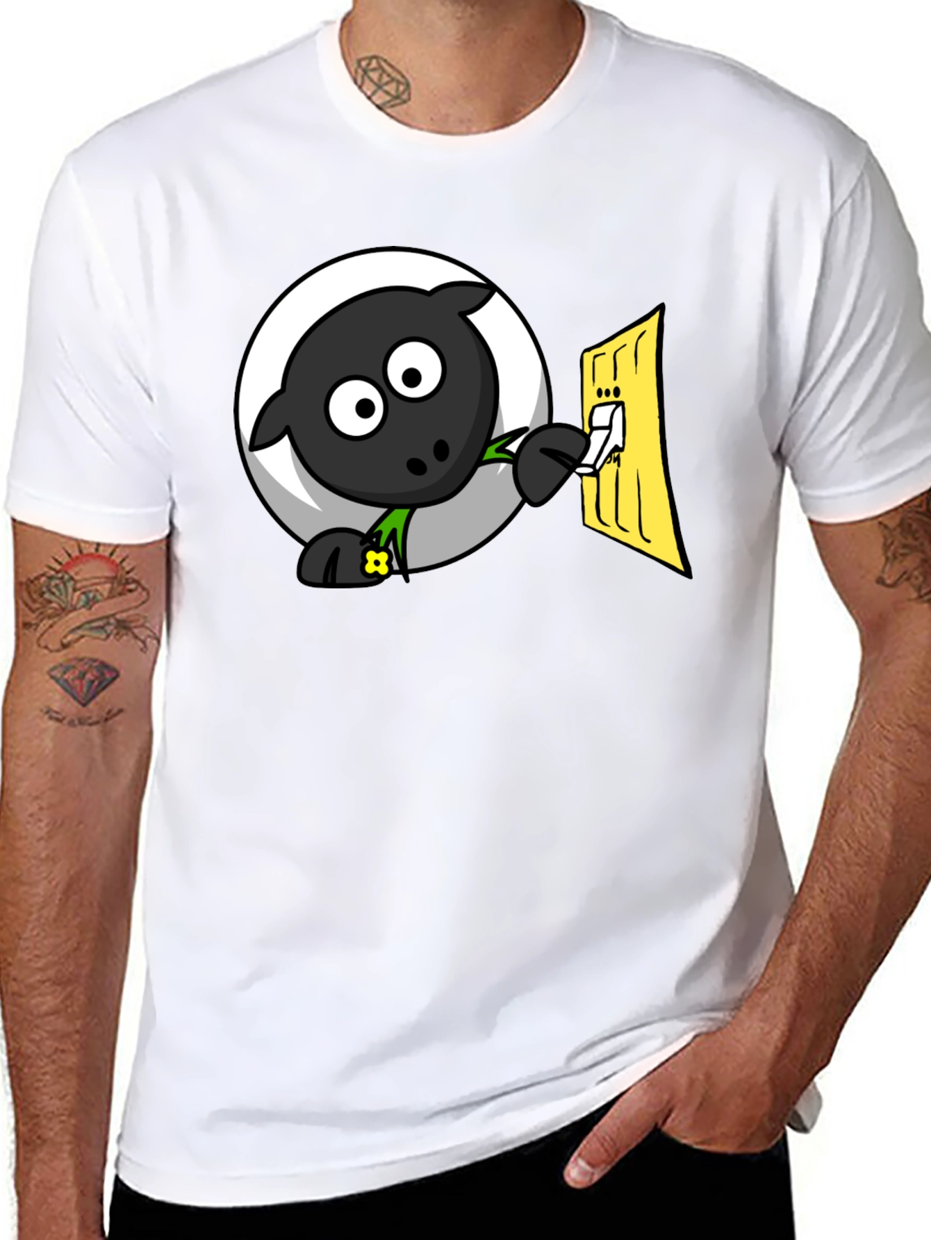 Funny Cartoon Sheep Turning on Light T-Shirt