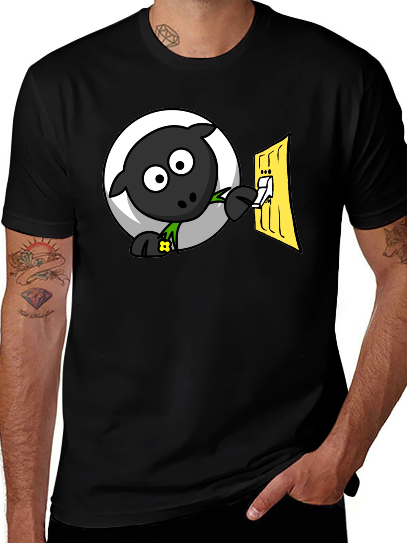 Funny Cartoon Sheep Turning on Light T-Shirt