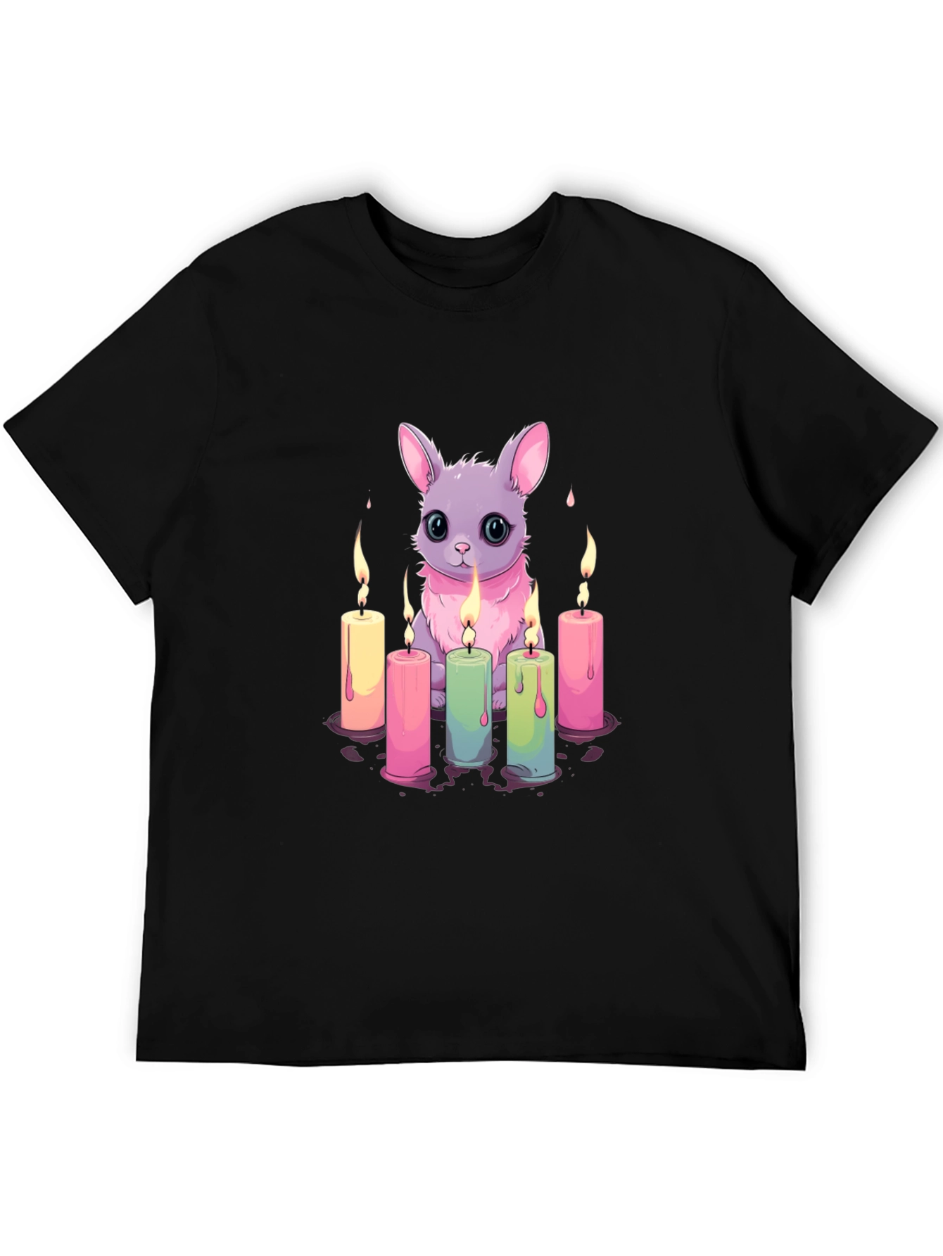 Cute Bunny & Candles Graphic Black T-Shirt