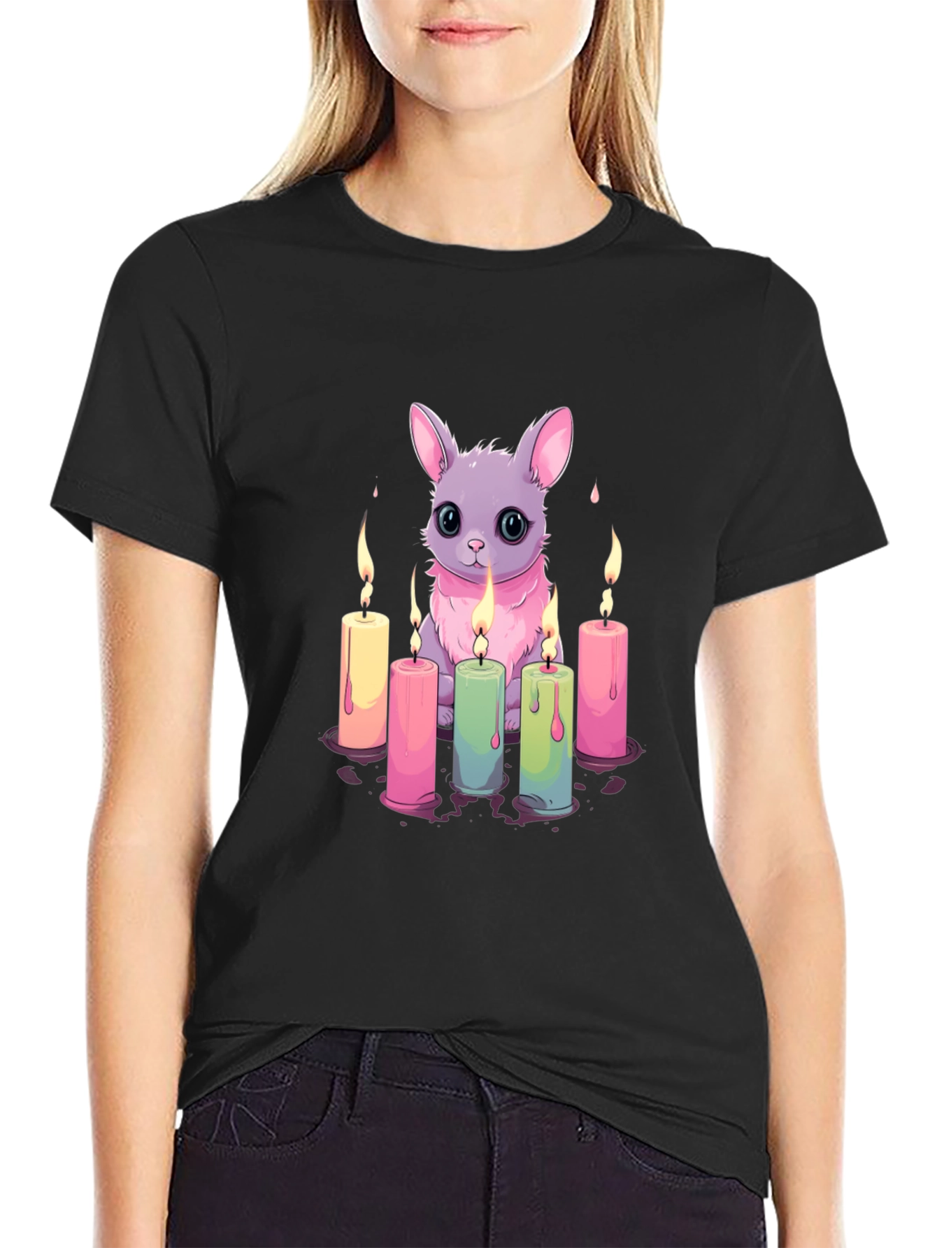 Cute Bunny & Candles Graphic Black T-Shirt