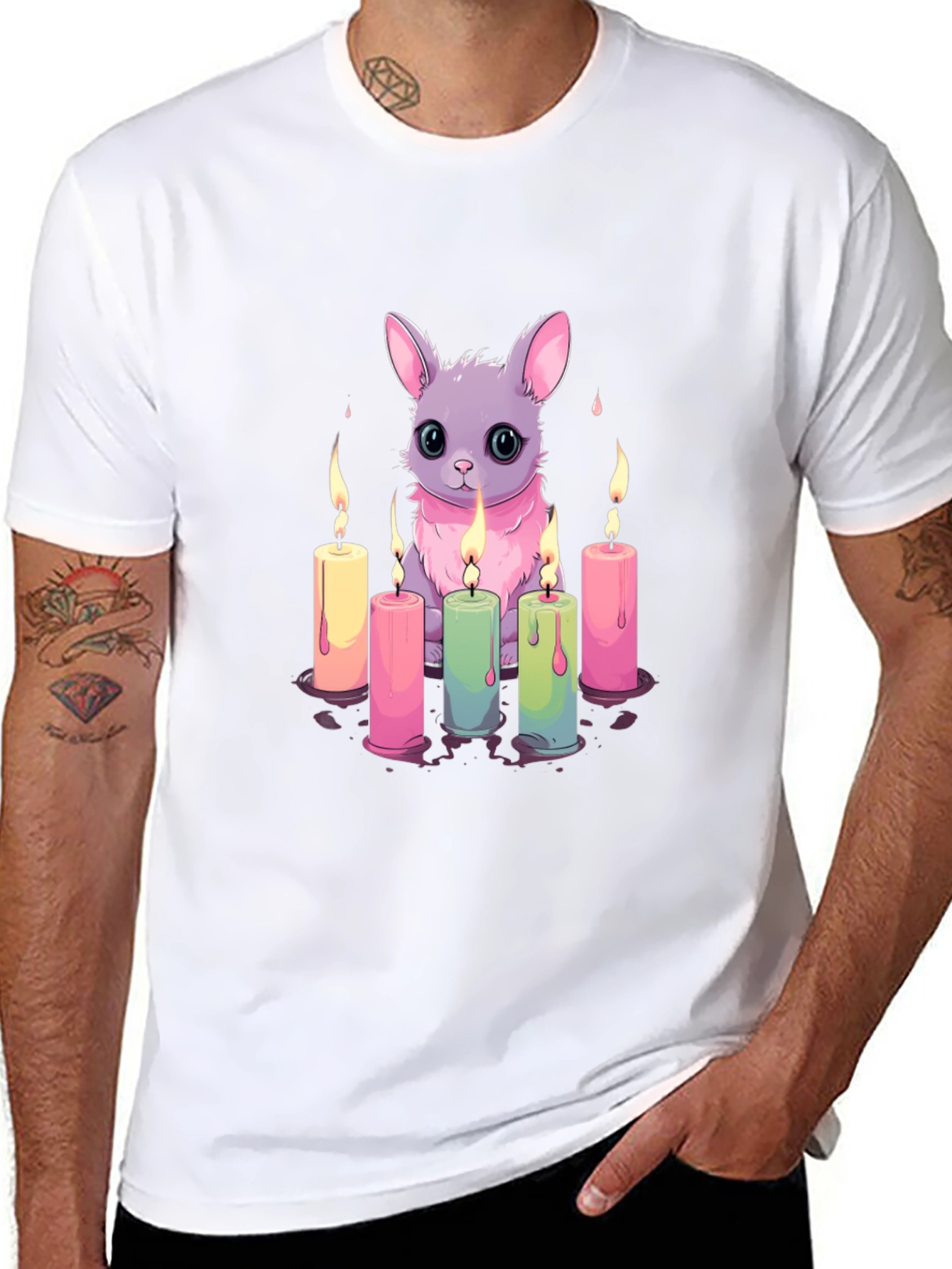 Cute Bunny & Candles Graphic Black T-Shirt