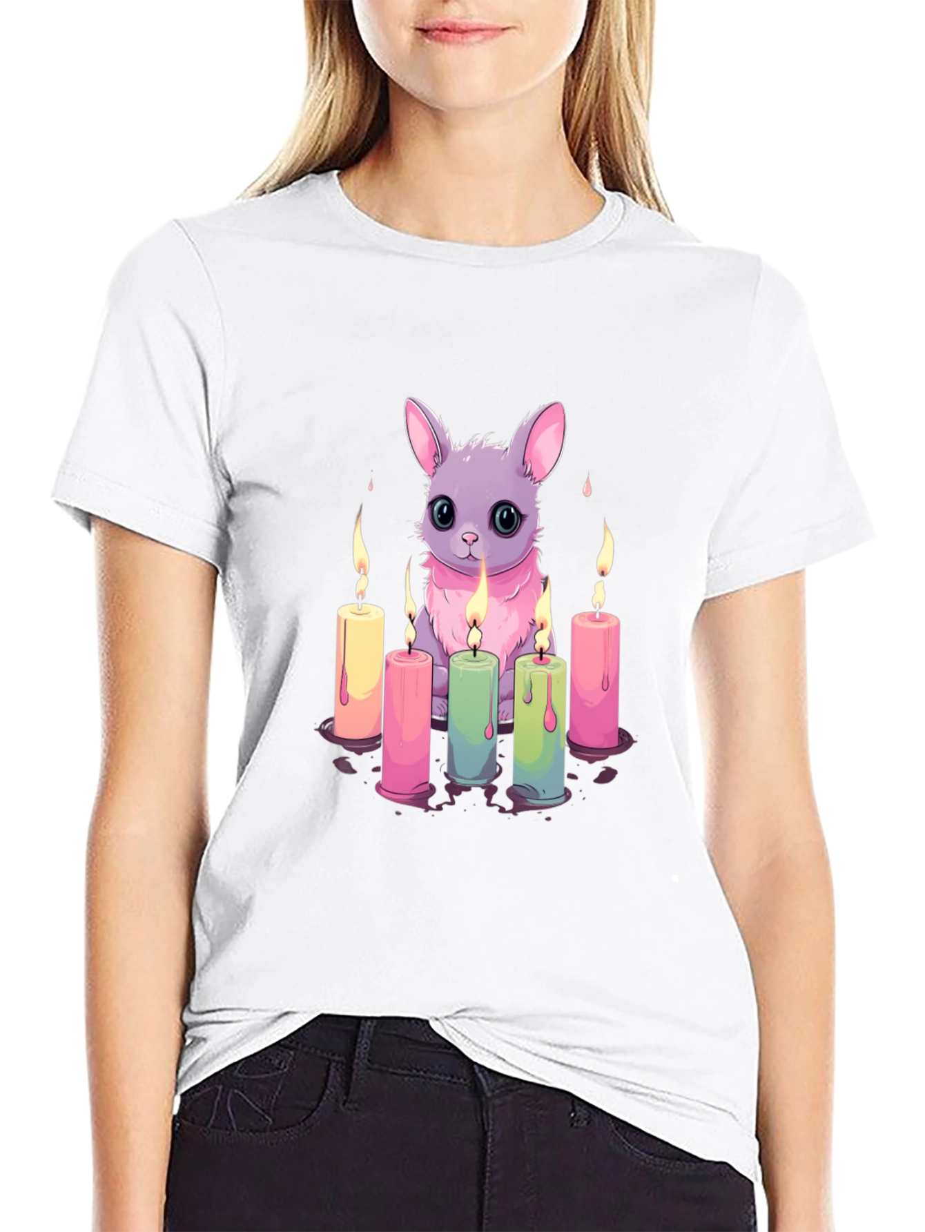 Cute Bunny & Candles Graphic Black T-Shirt