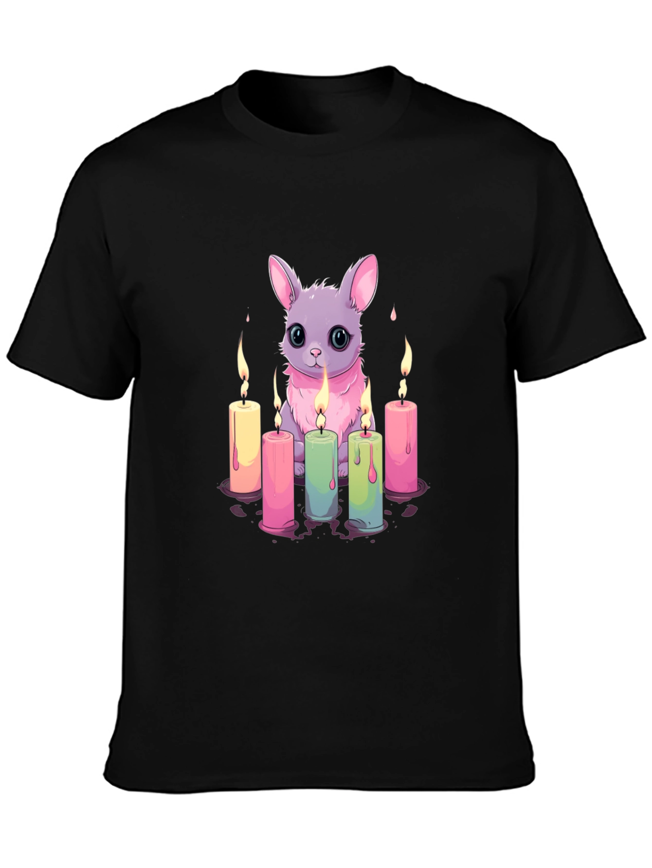 Cute Bunny & Candles Graphic Black T-Shirt