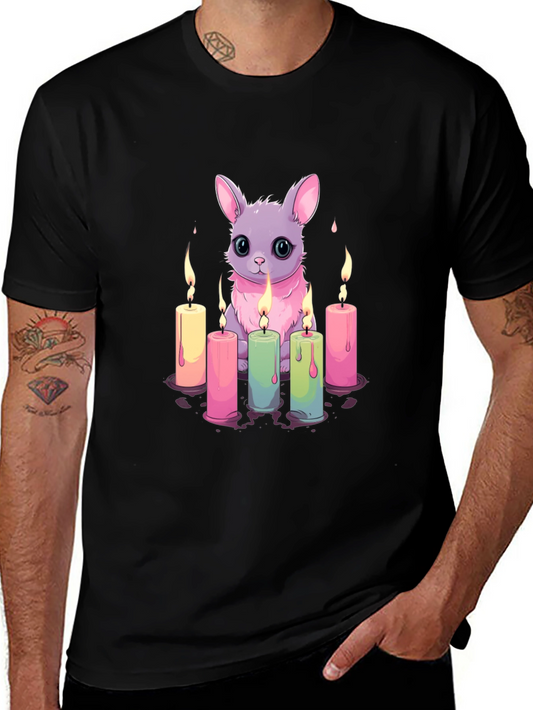 Cute Bunny & Candles Graphic Black T-Shirt