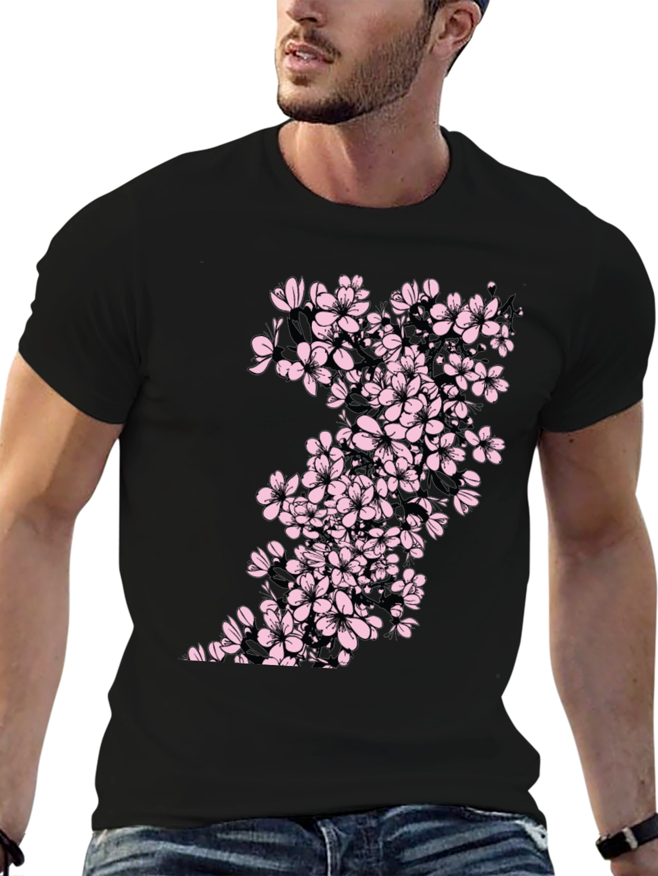 Black T-Shirt with Cherry Blossom Print