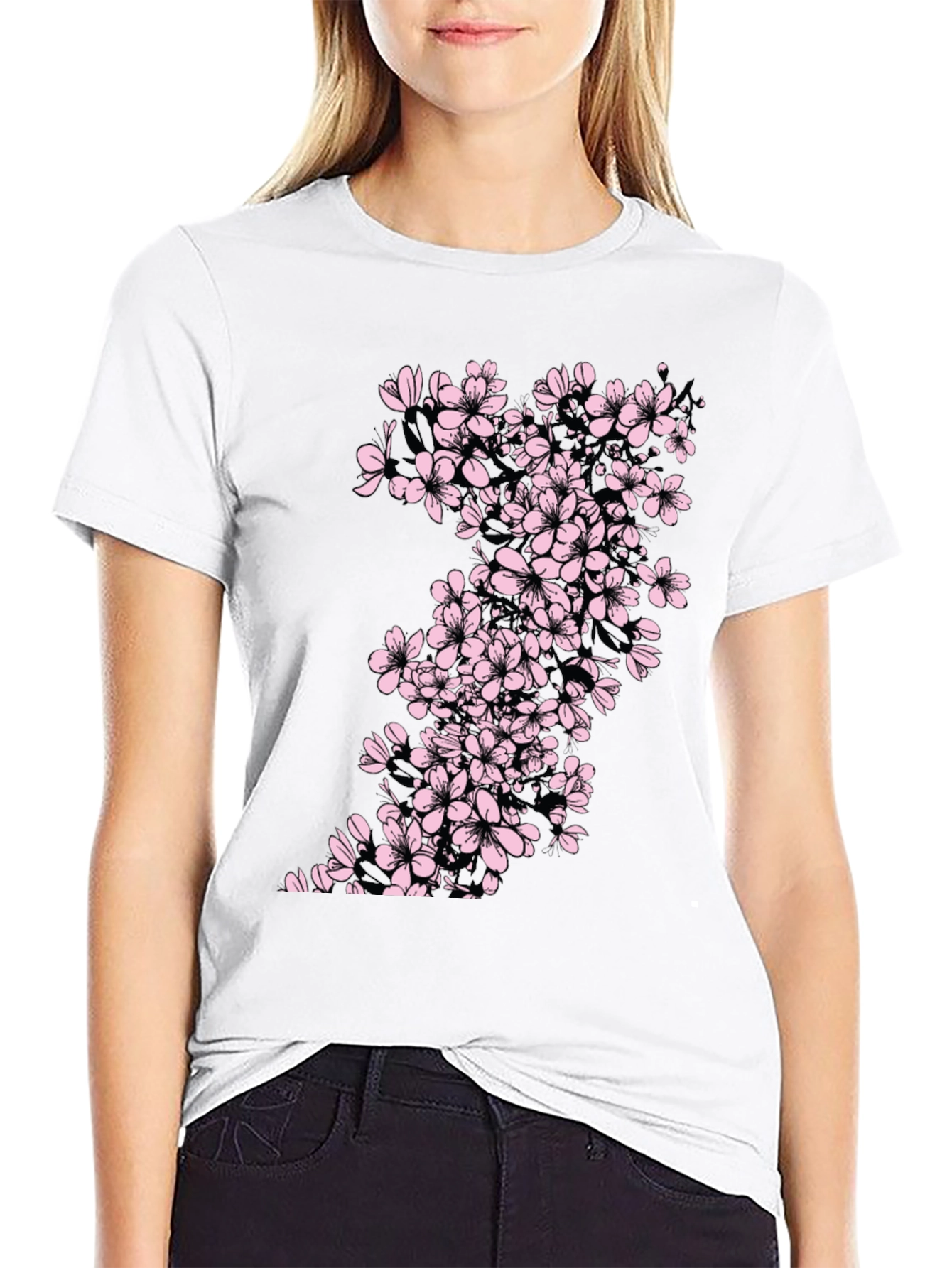 Black T-Shirt with Cherry Blossom Print