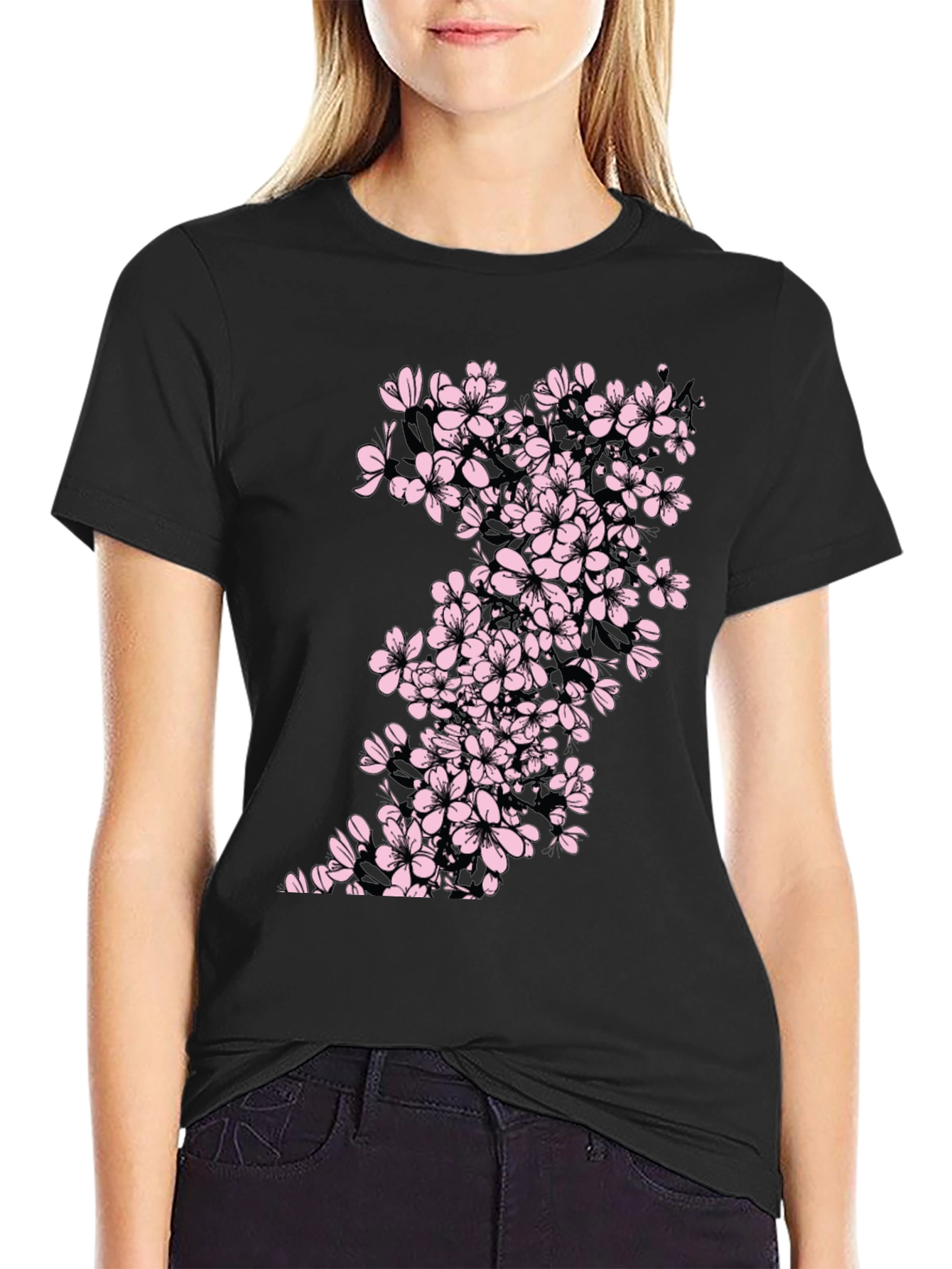 Black T-Shirt with Cherry Blossom Print