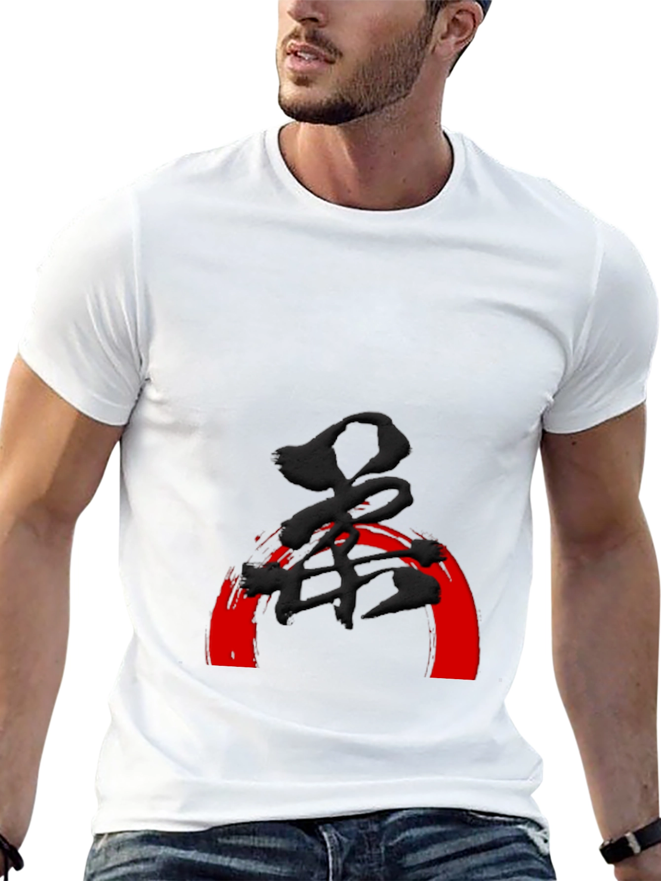 Black T-Shirt with Japanese Symbol and Red Arch