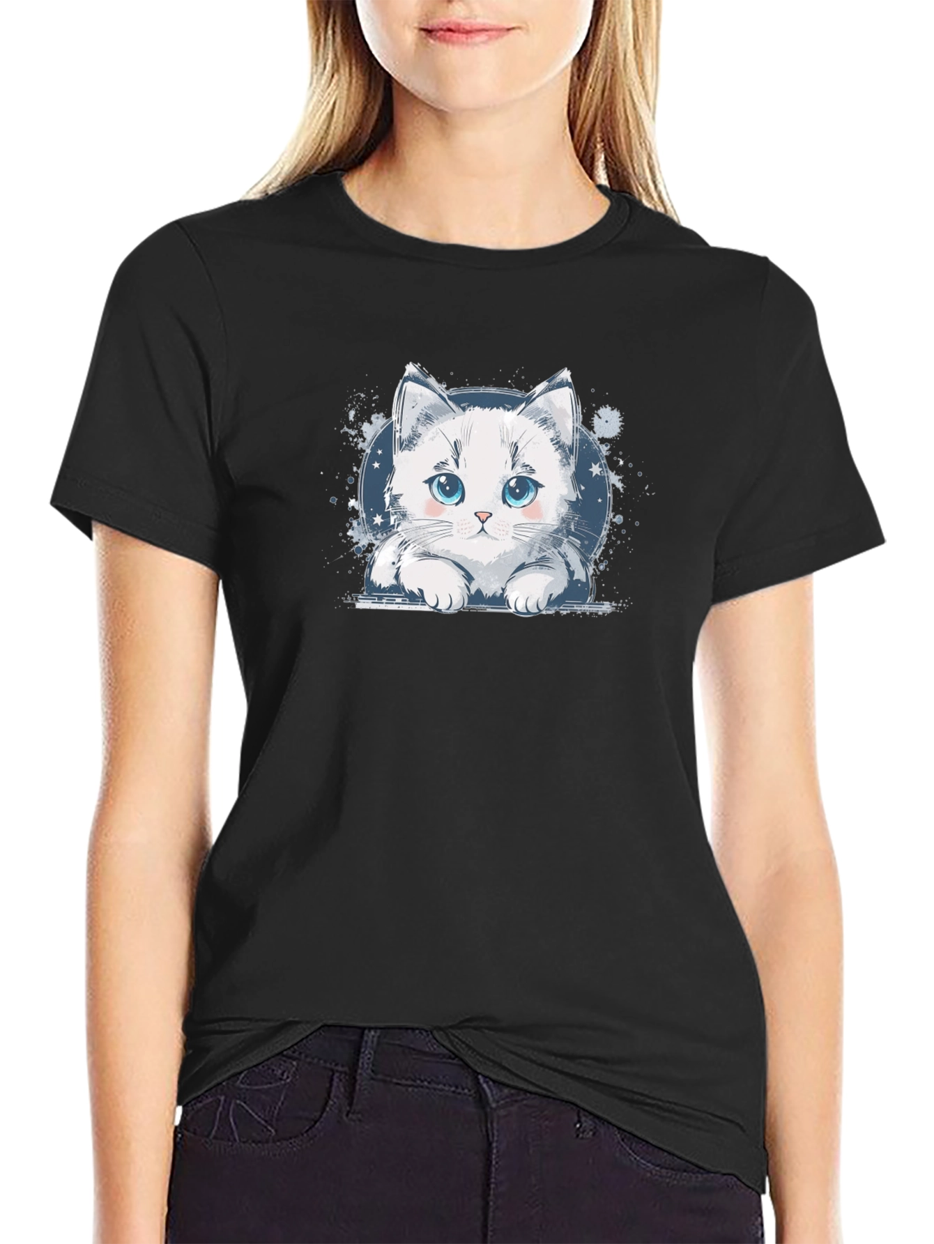 Cute Cat Graphic Black T-Shirt