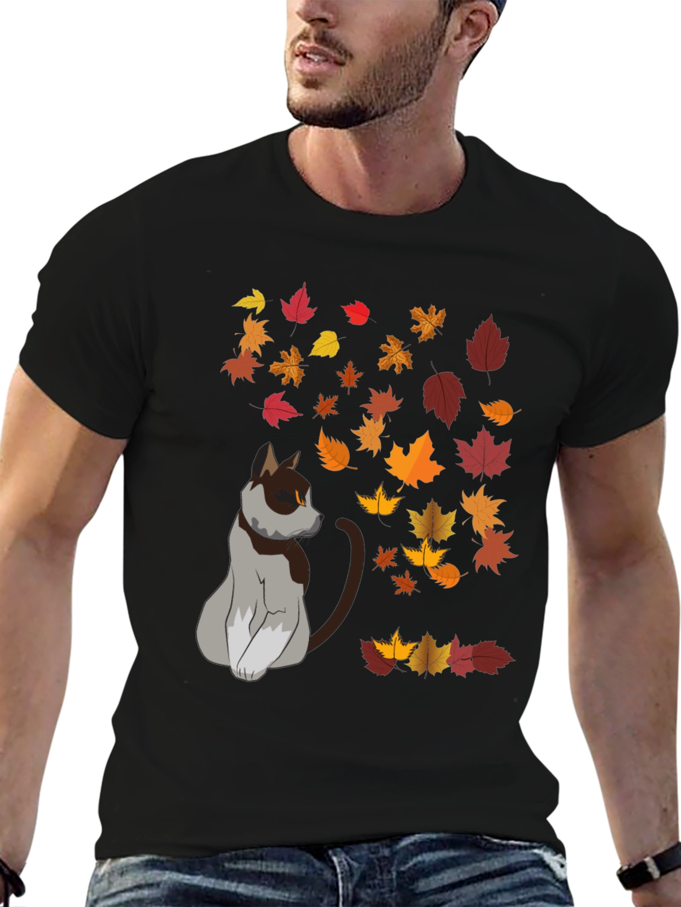 Autumn Cat T-Shirt - Fall Leaves Graphic Tee