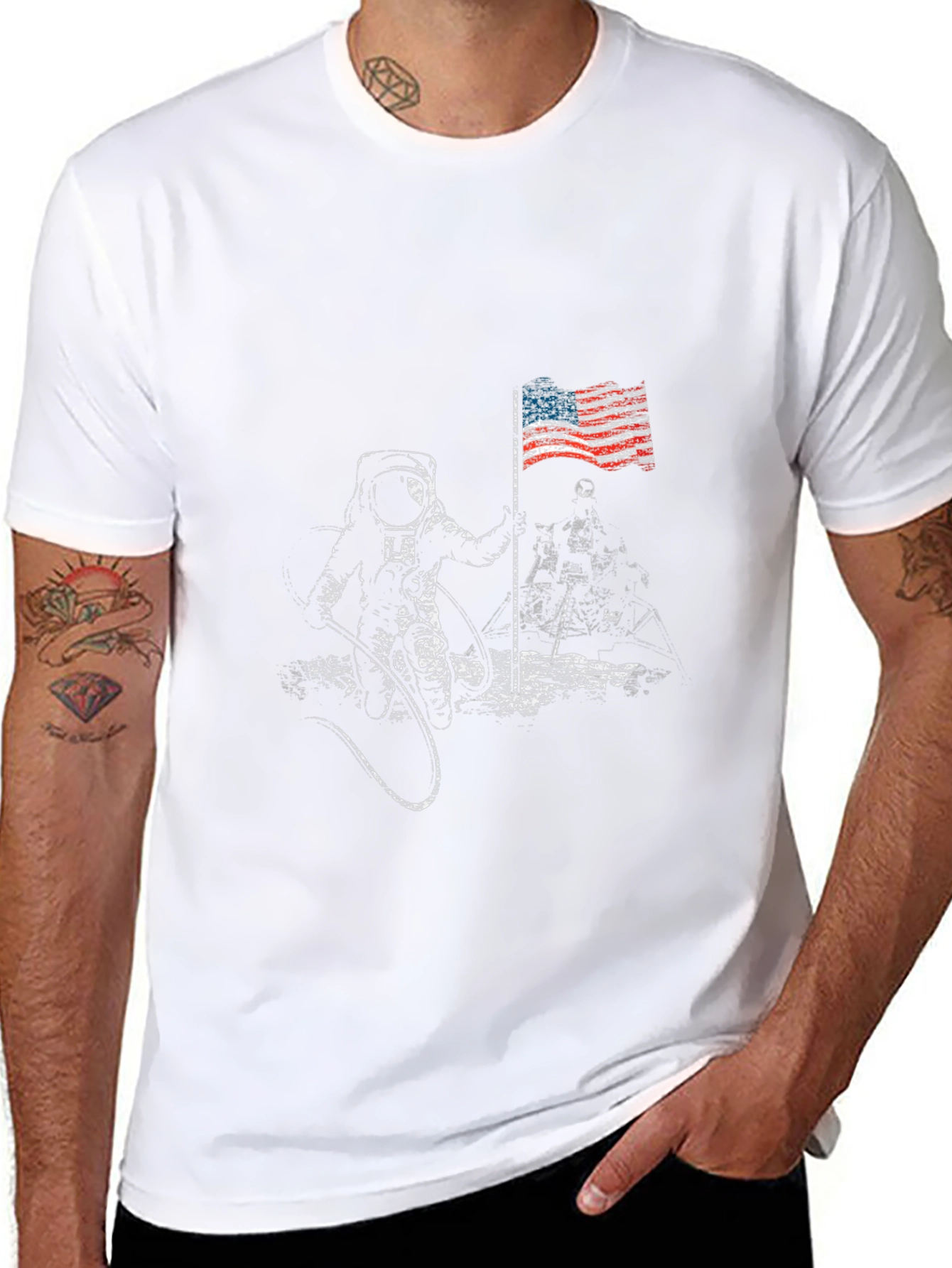 Astronaut Moon Landing USA Flag Graphic T-Shirt
