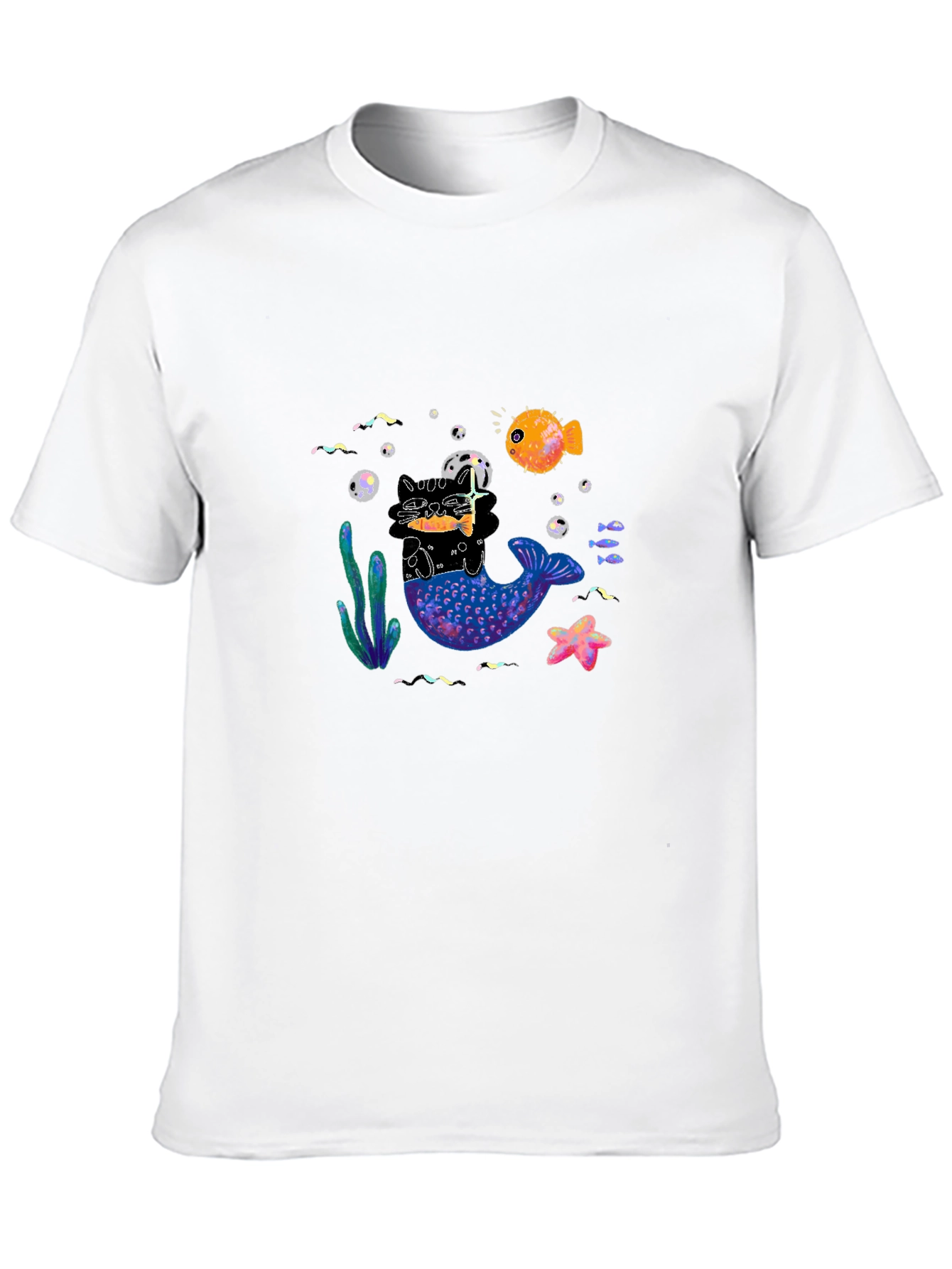 Black T-Shirt with Mermaid Cat Graphic