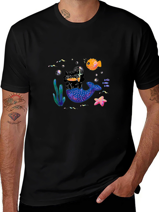 Black T-Shirt with Mermaid Cat Graphic
