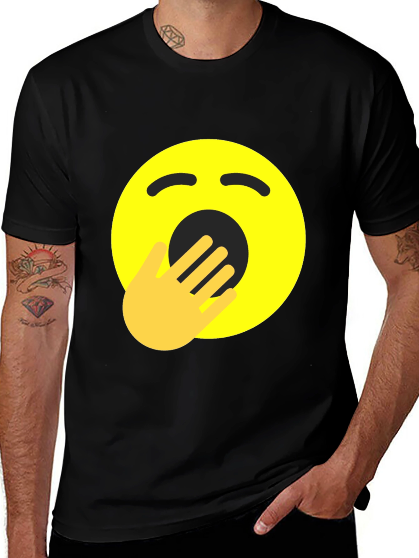 Yawning Emoji Graphic Tee - Black Cotton Comfort