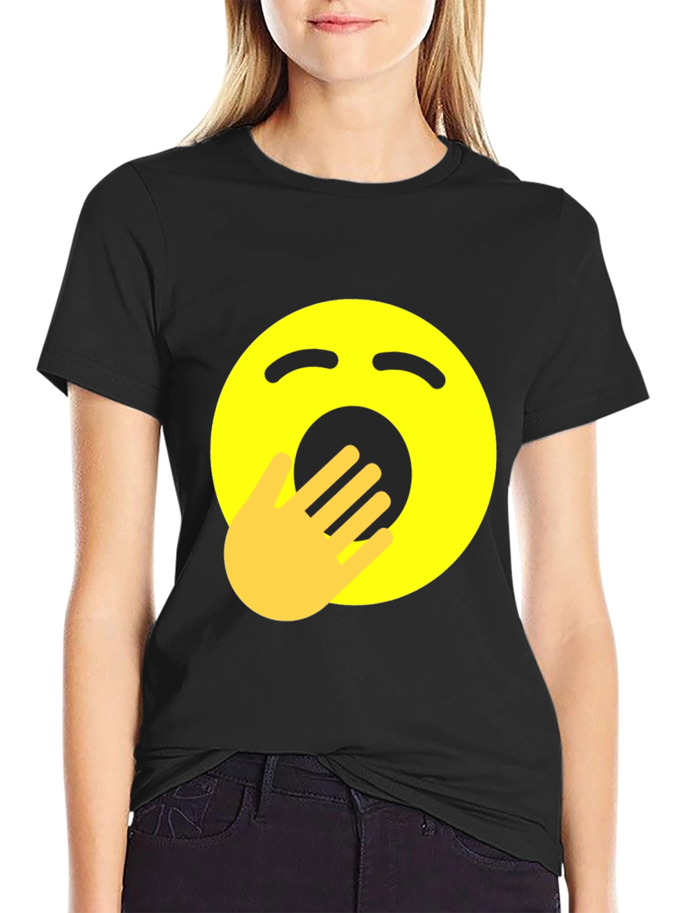 Yawning Emoji Graphic Tee - Black Cotton Comfort